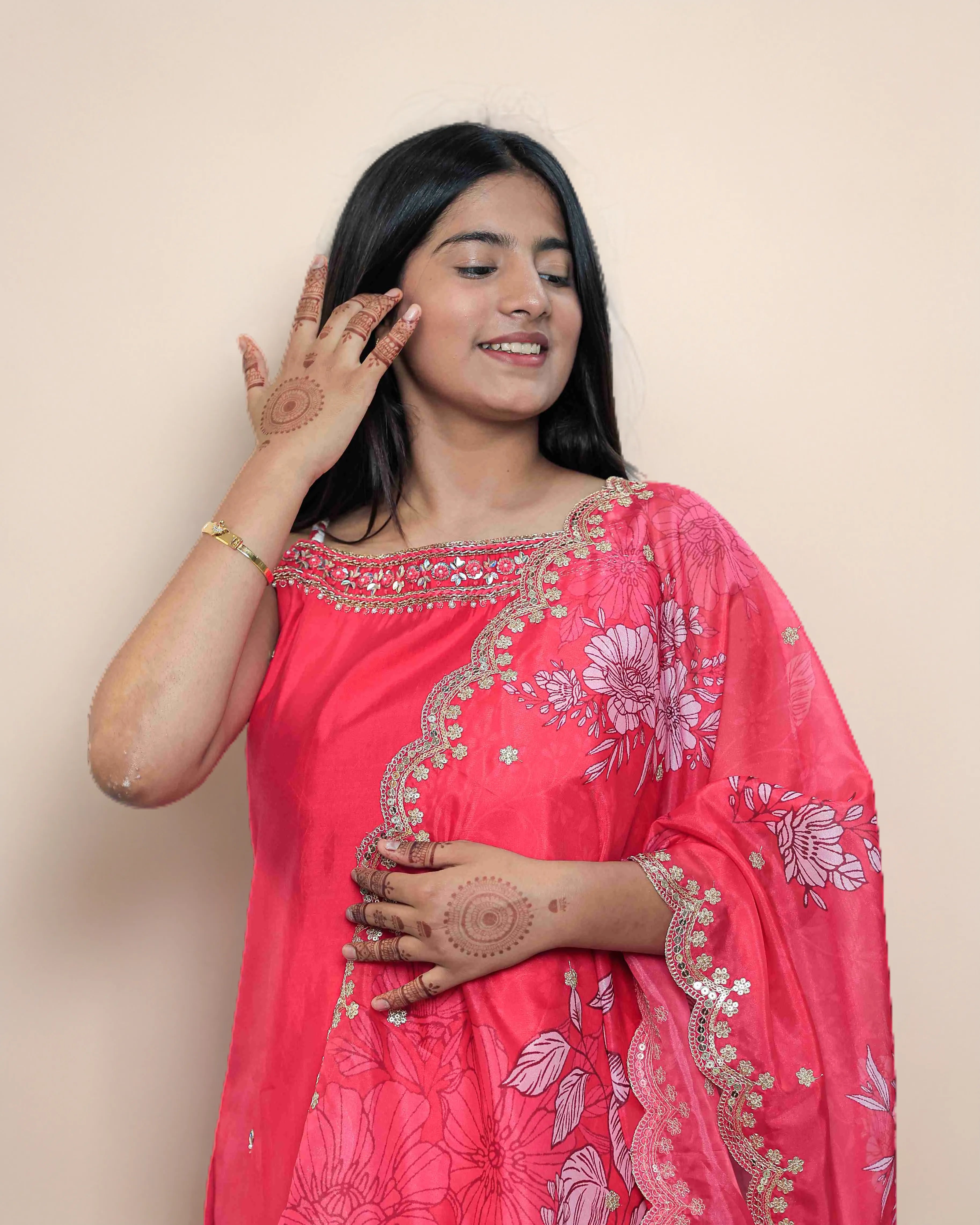 Rose Pink Floral Salwar Kameez Suit Set