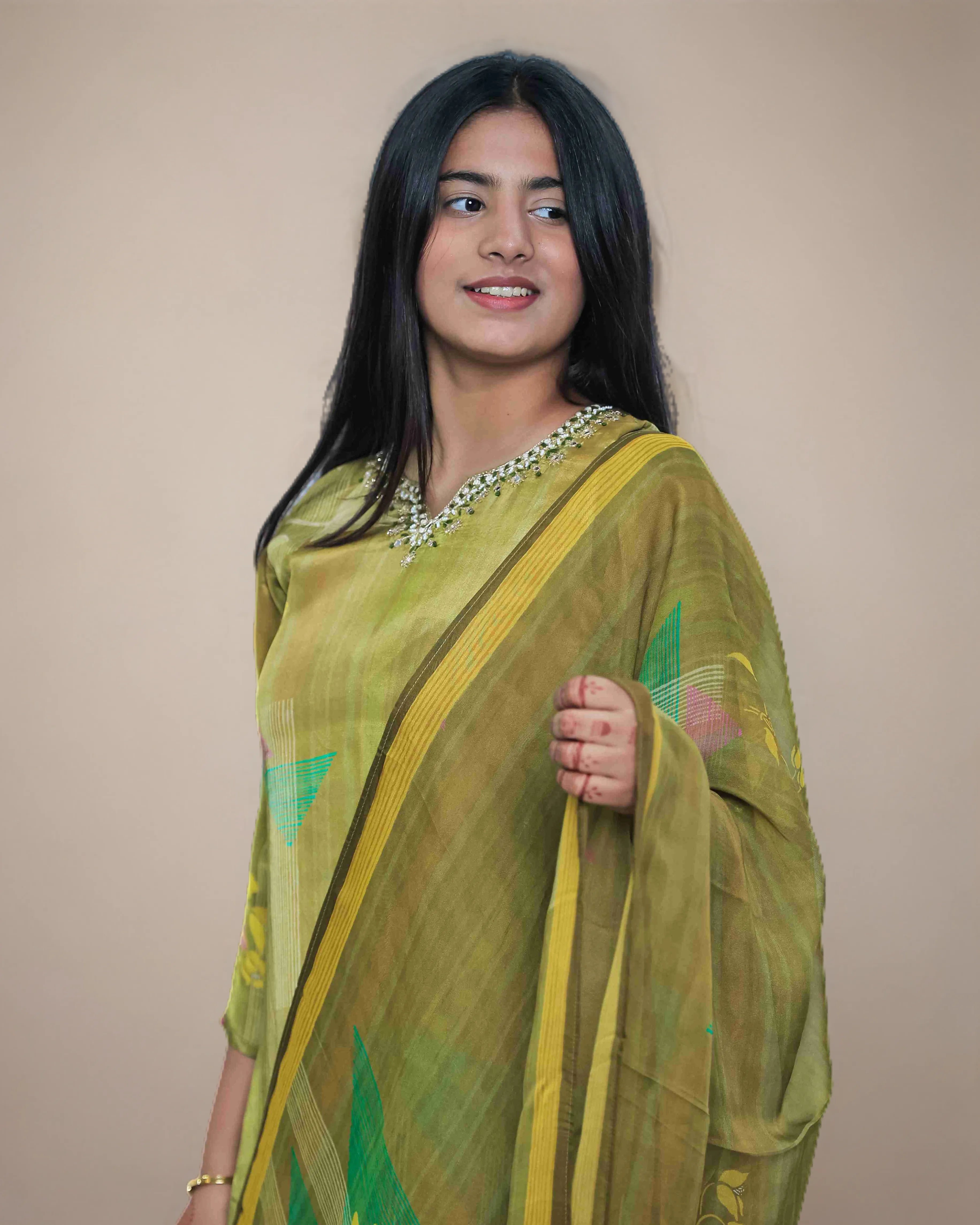 Mehndi Yellow Floral Salwar Kameez Suit Set