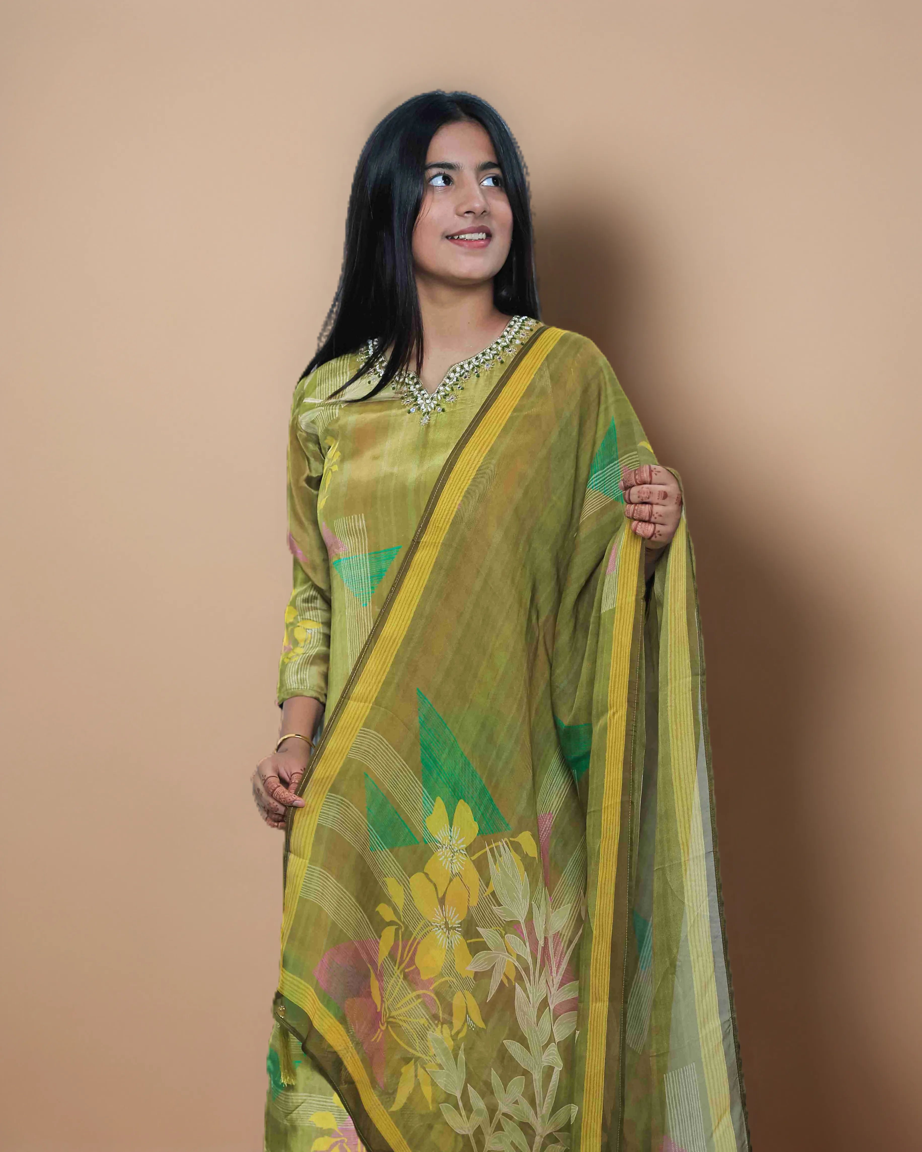 Mehndi Yellow Floral Salwar Kameez Suit Set