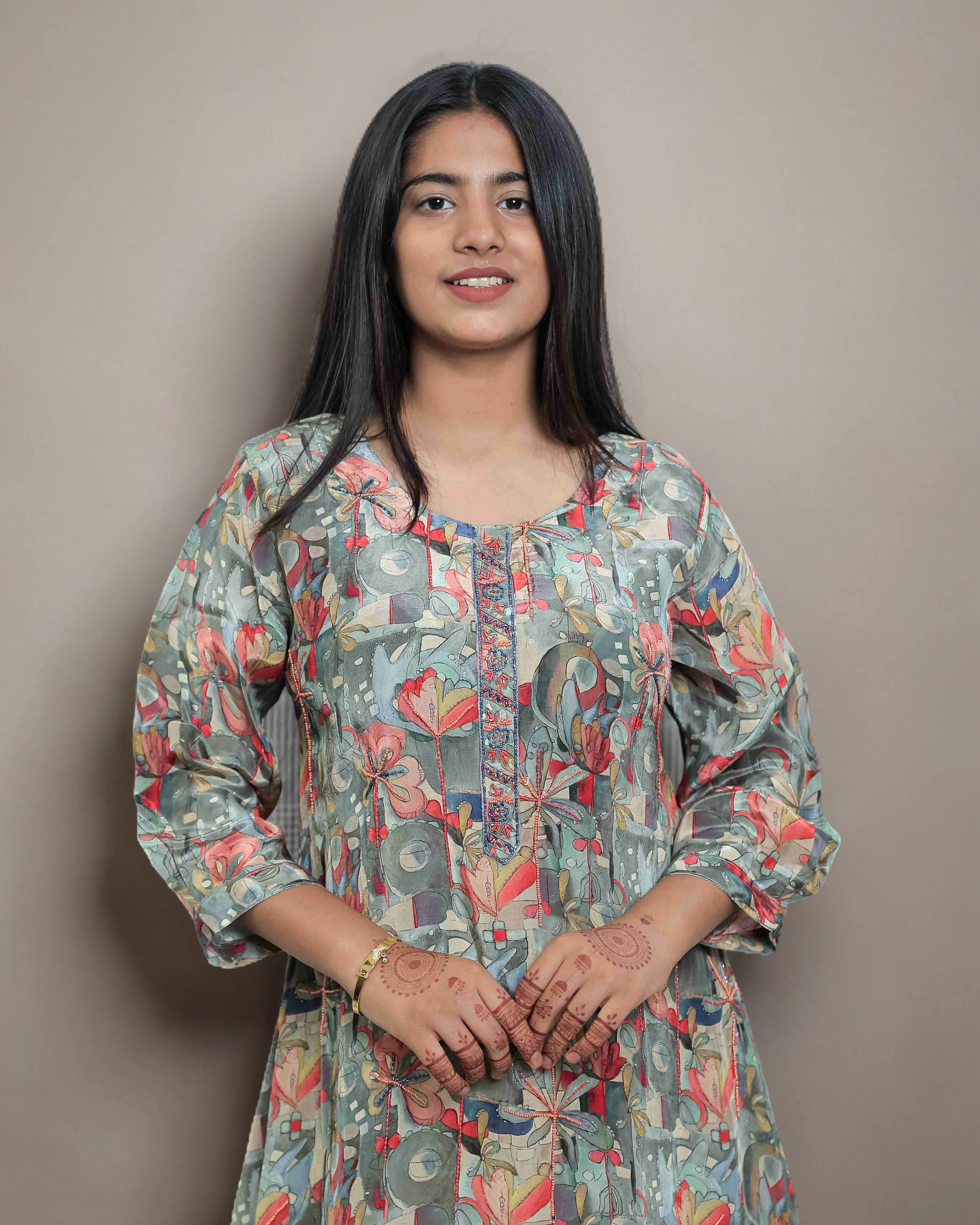Grey Afghani Pattern Salwar Kameez Suit Set in Natural Crepe