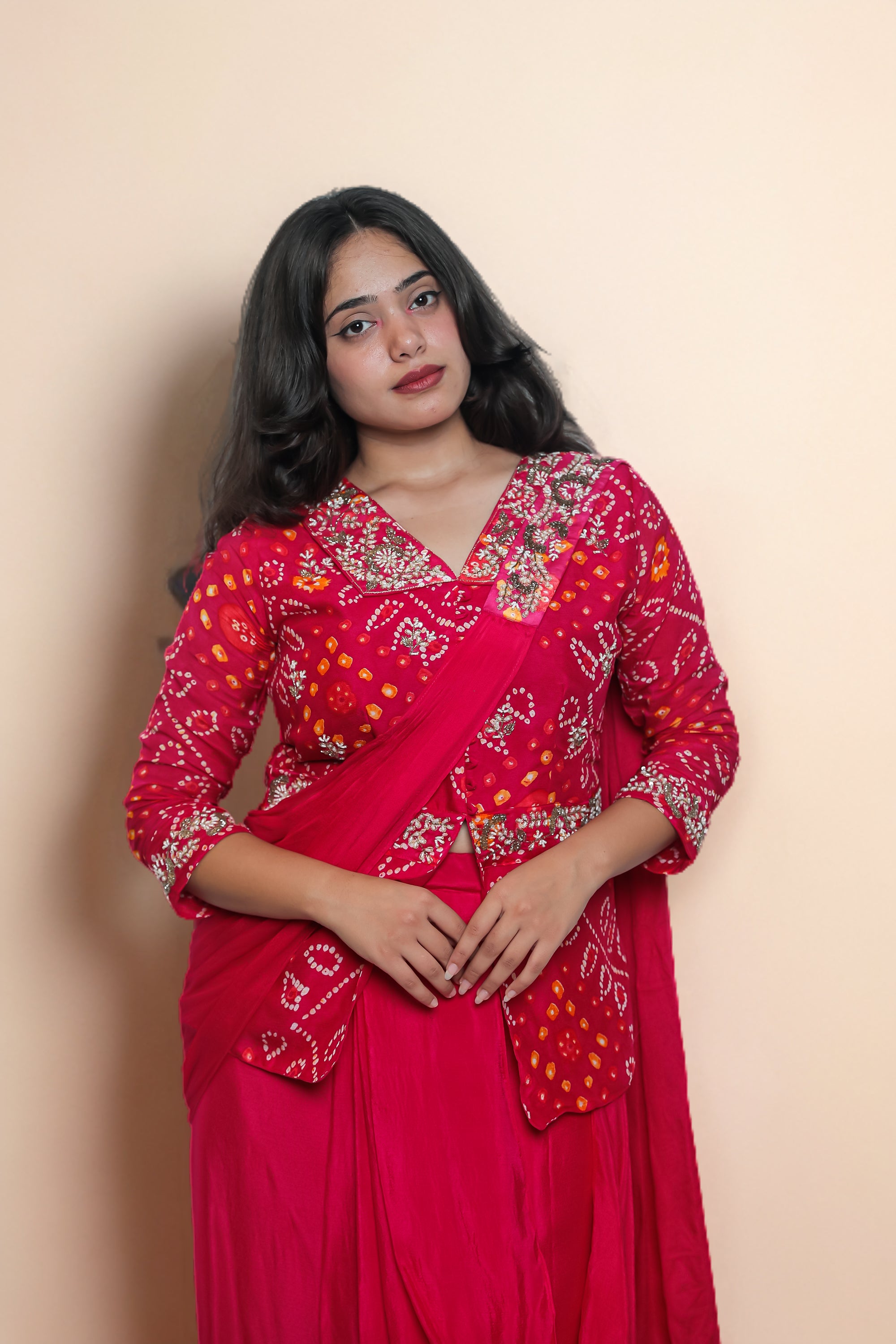 Red Bandhej Top-Drapped Skirt Set