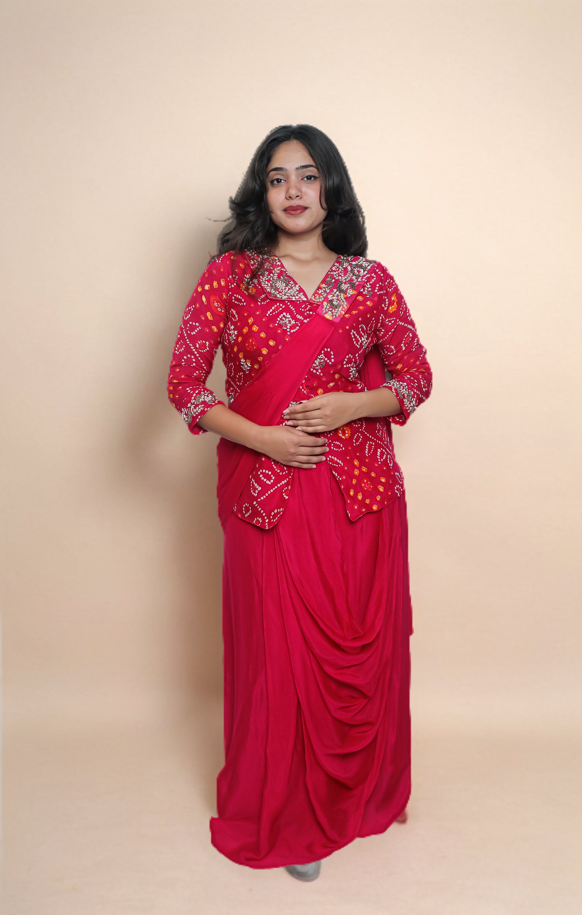 Red Bandhej Top-Drapped Skirt Set