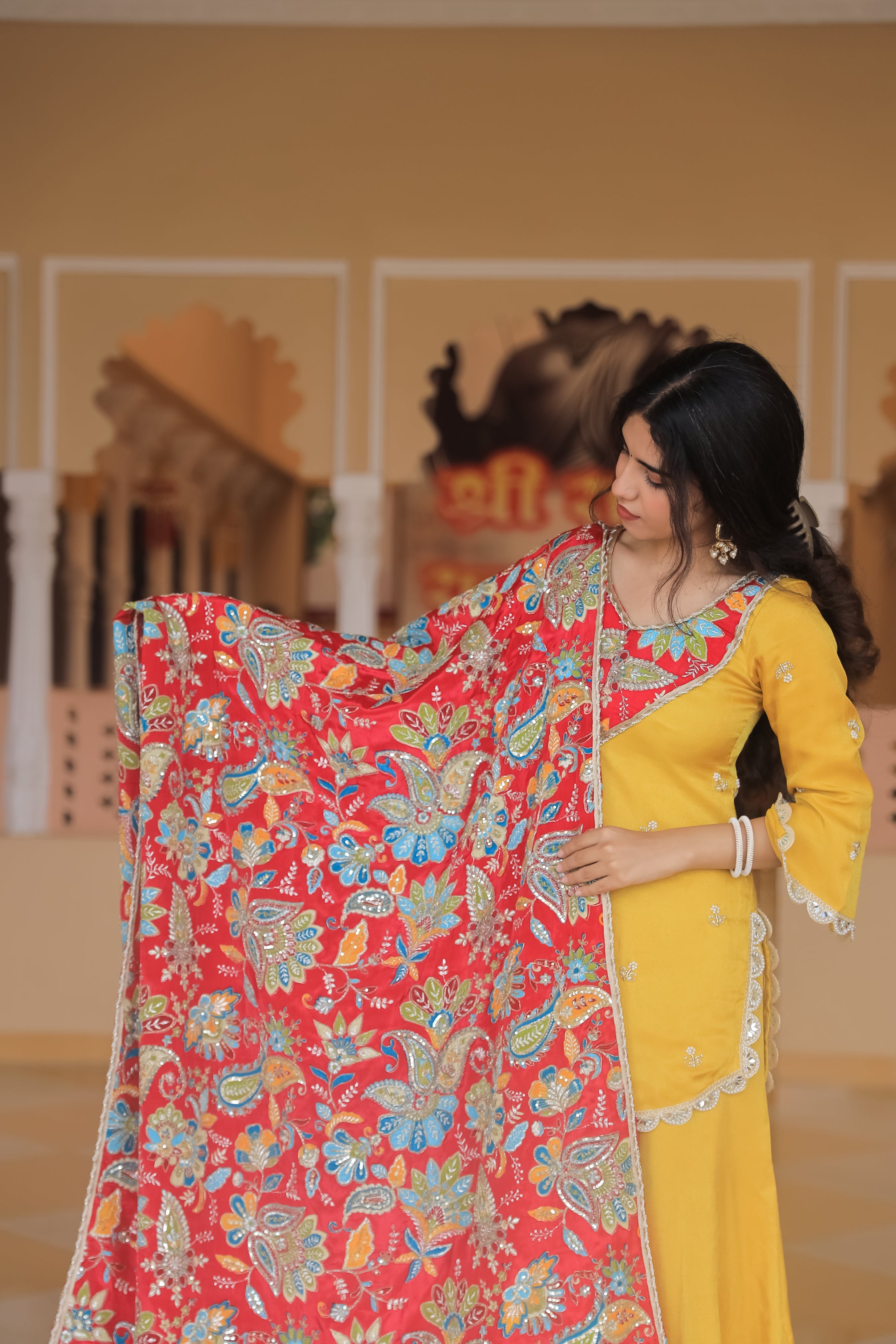 Rangriti – Vibrant Yellow Crepe Dupatta Set