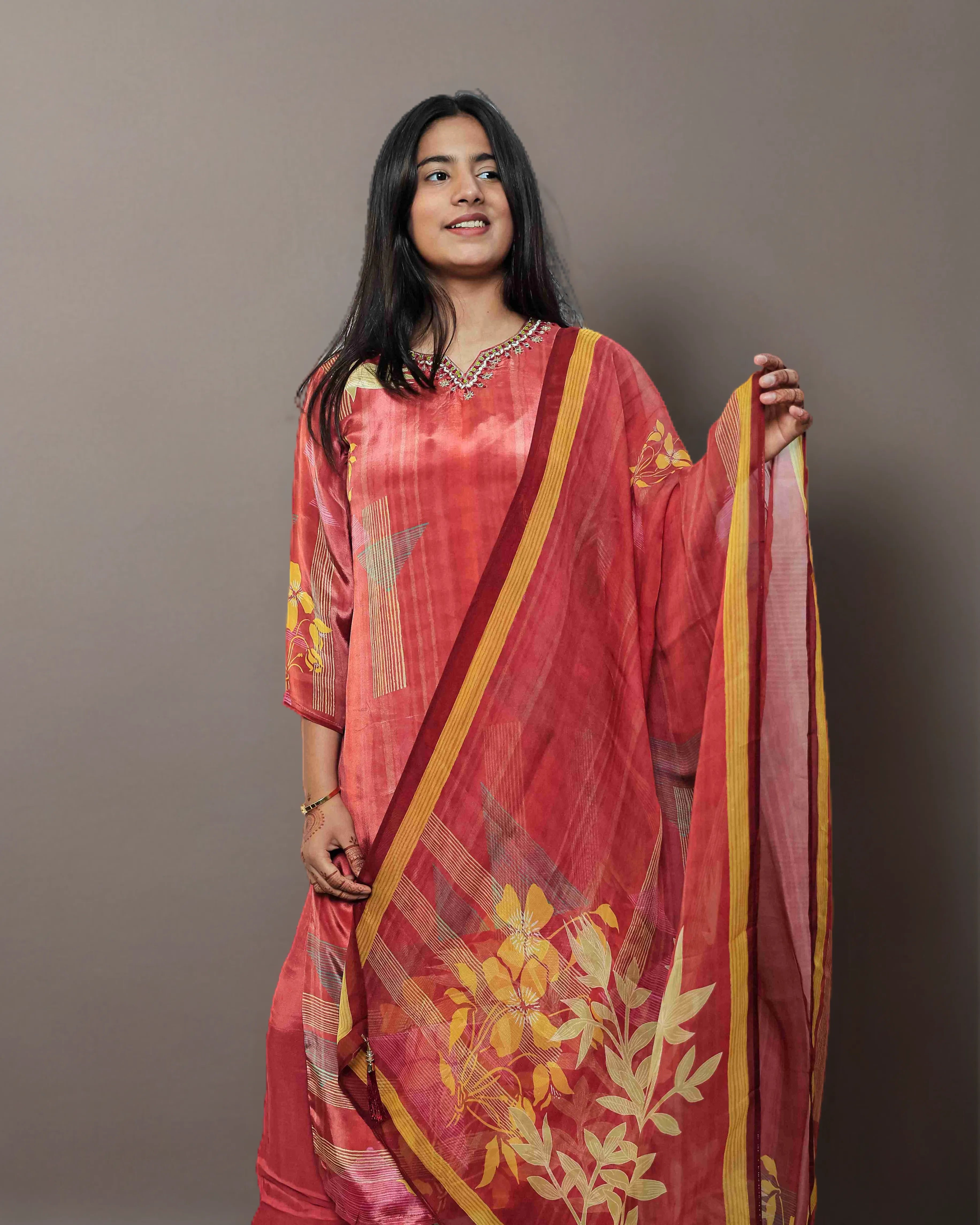 Rust Yellow Floral Salwar Kameez Suit Set