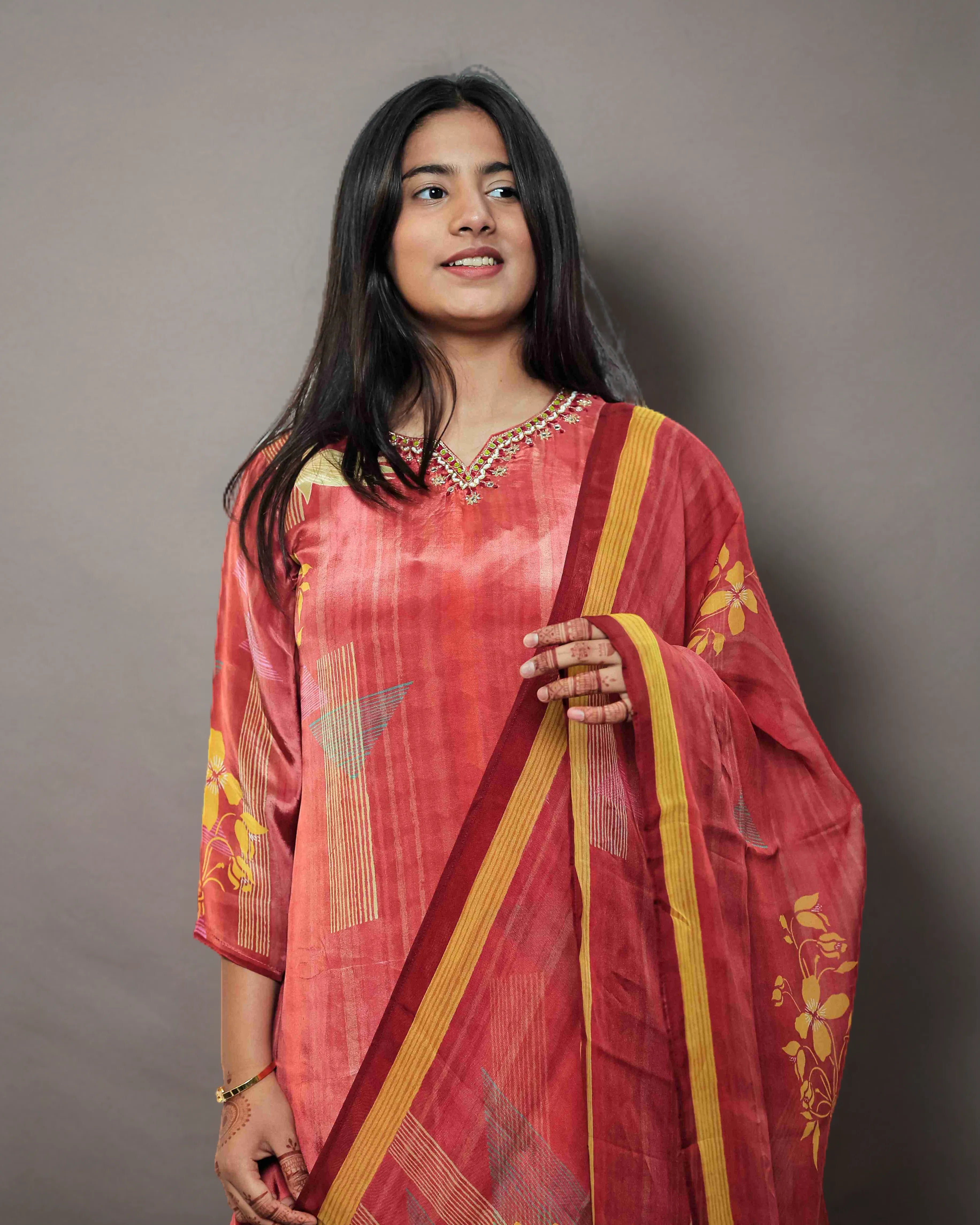 Rust Yellow Floral Salwar Kameez Suit Set