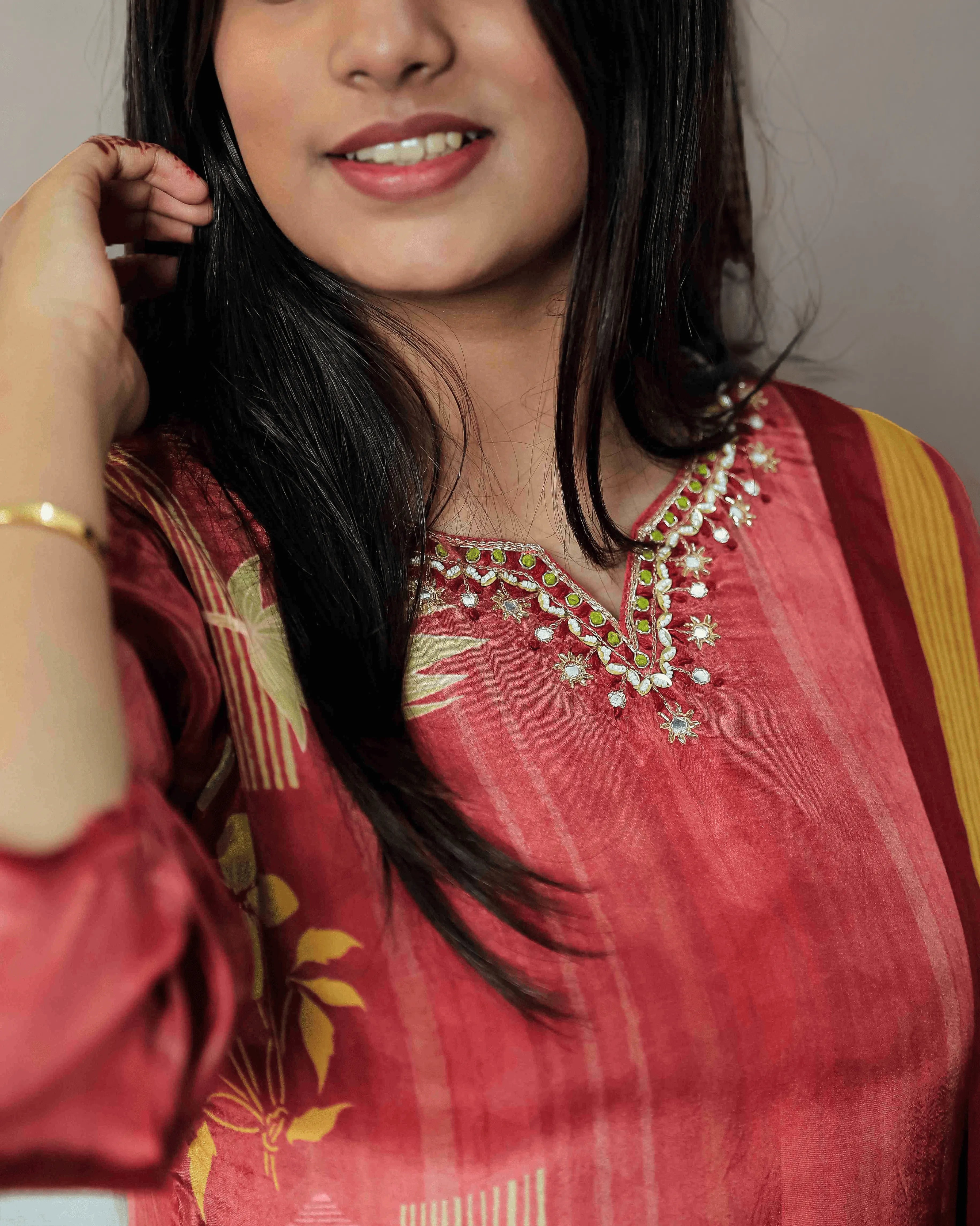 Rust Yellow Floral Salwar Kameez Suit Set