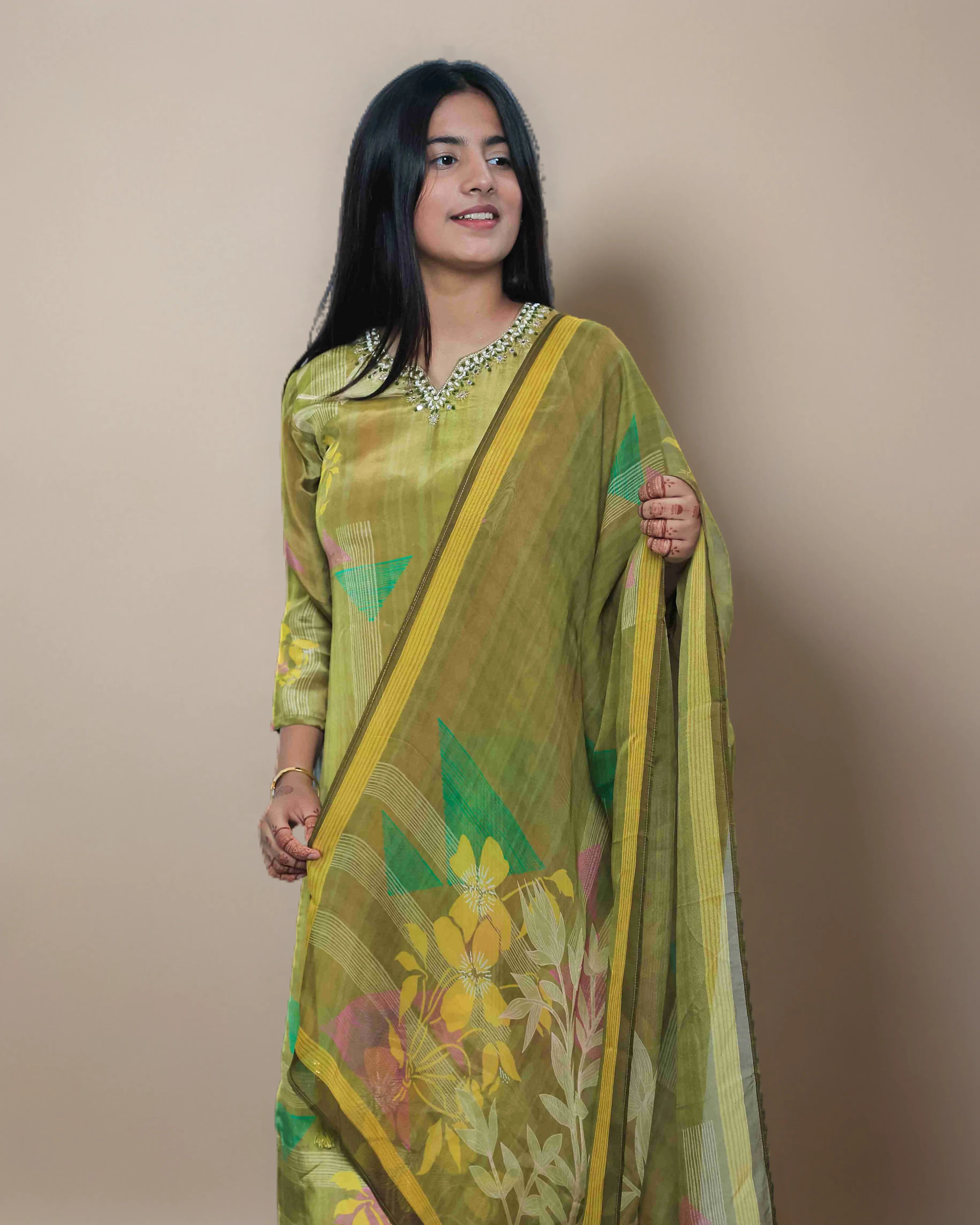 Mehndi Yellow Floral Salwar Kameez Suit Set