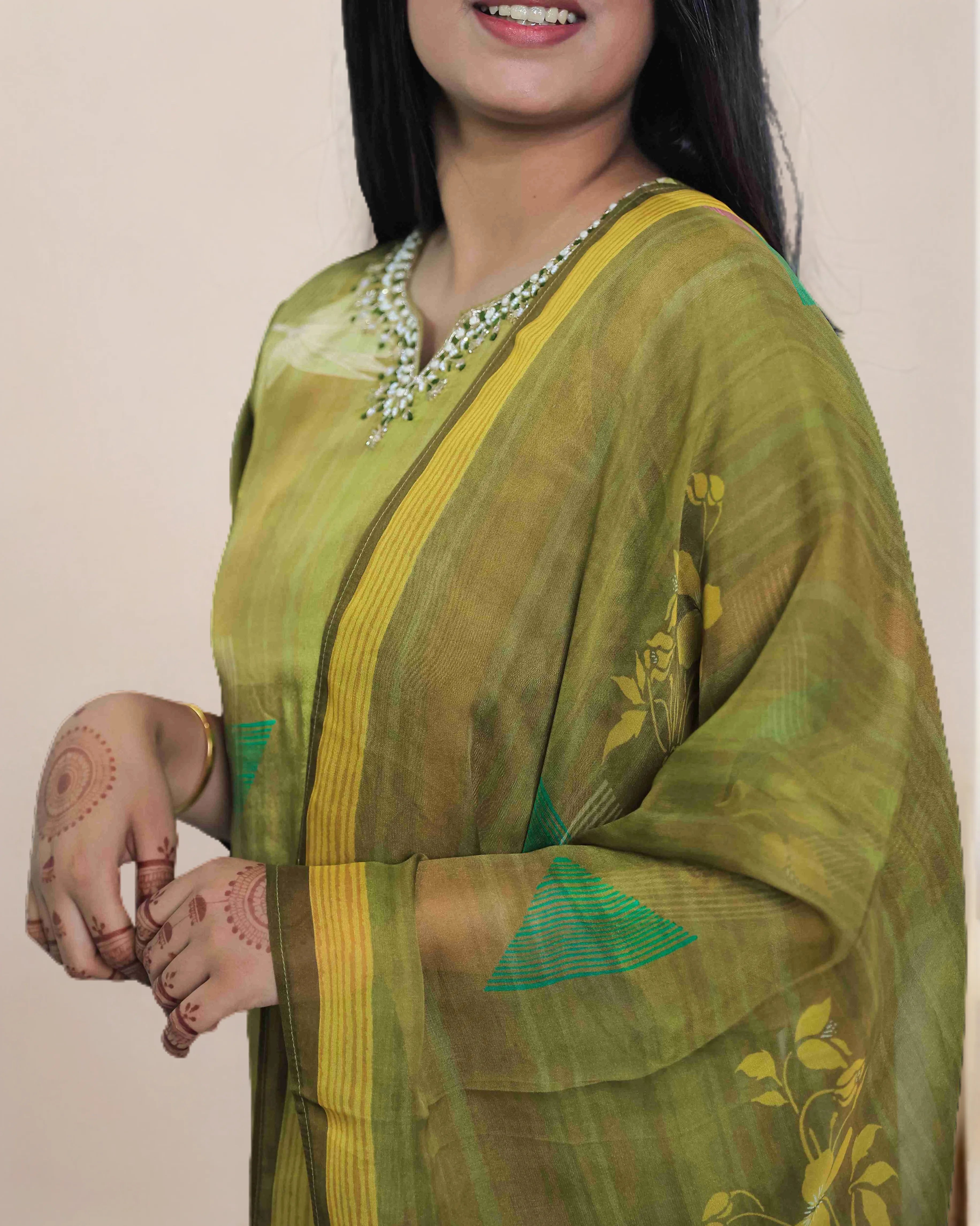 Mehndi Yellow Floral Salwar Kameez Suit Set