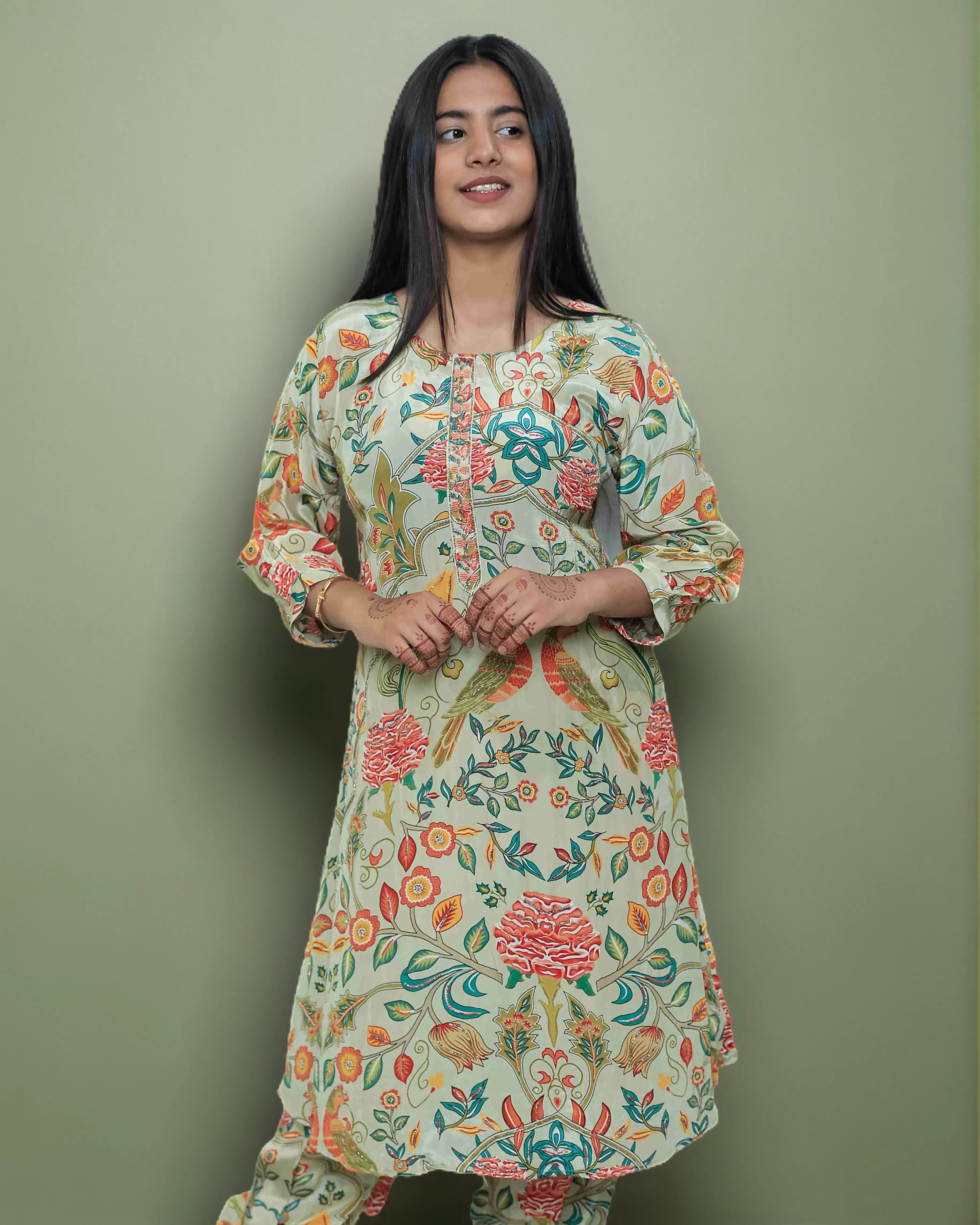 Afghani Pattern Salwar Kameez Suit Set in Natural Crepe