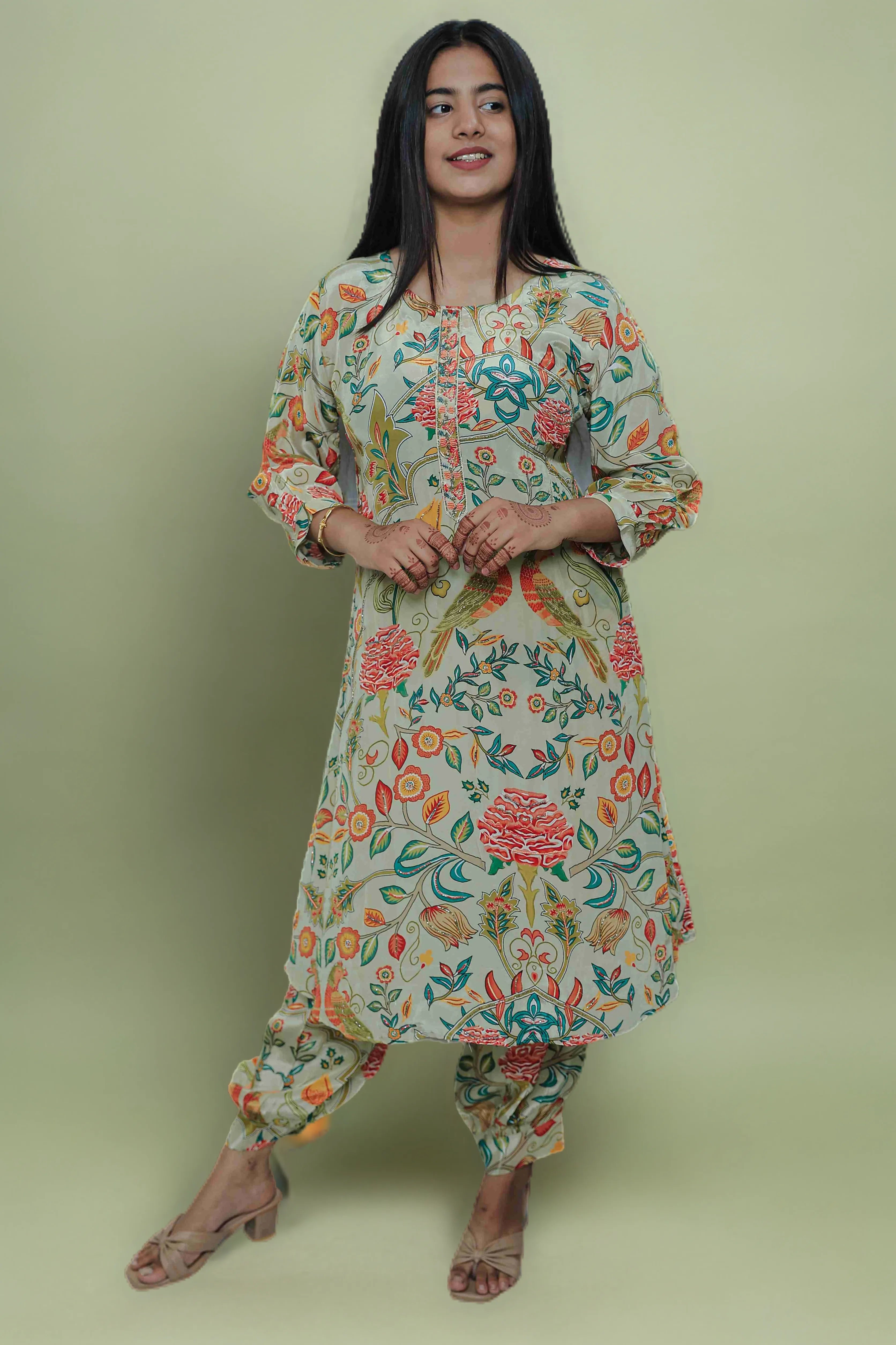Afghani Pattern Salwar Kameez Suit Set in Natural Crepe