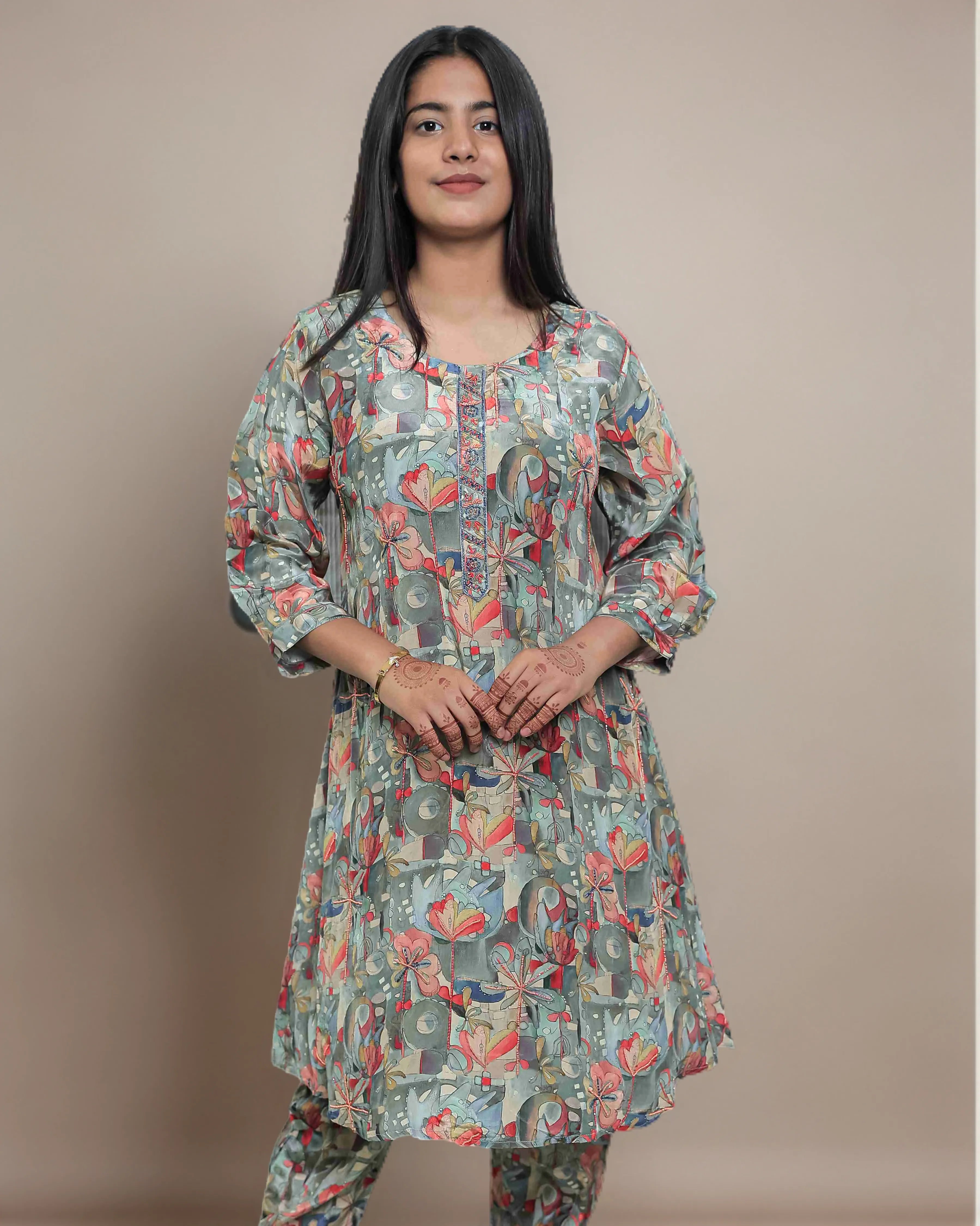 Grey Afghani Pattern Salwar Kameez Suit Set in Natural Crepe