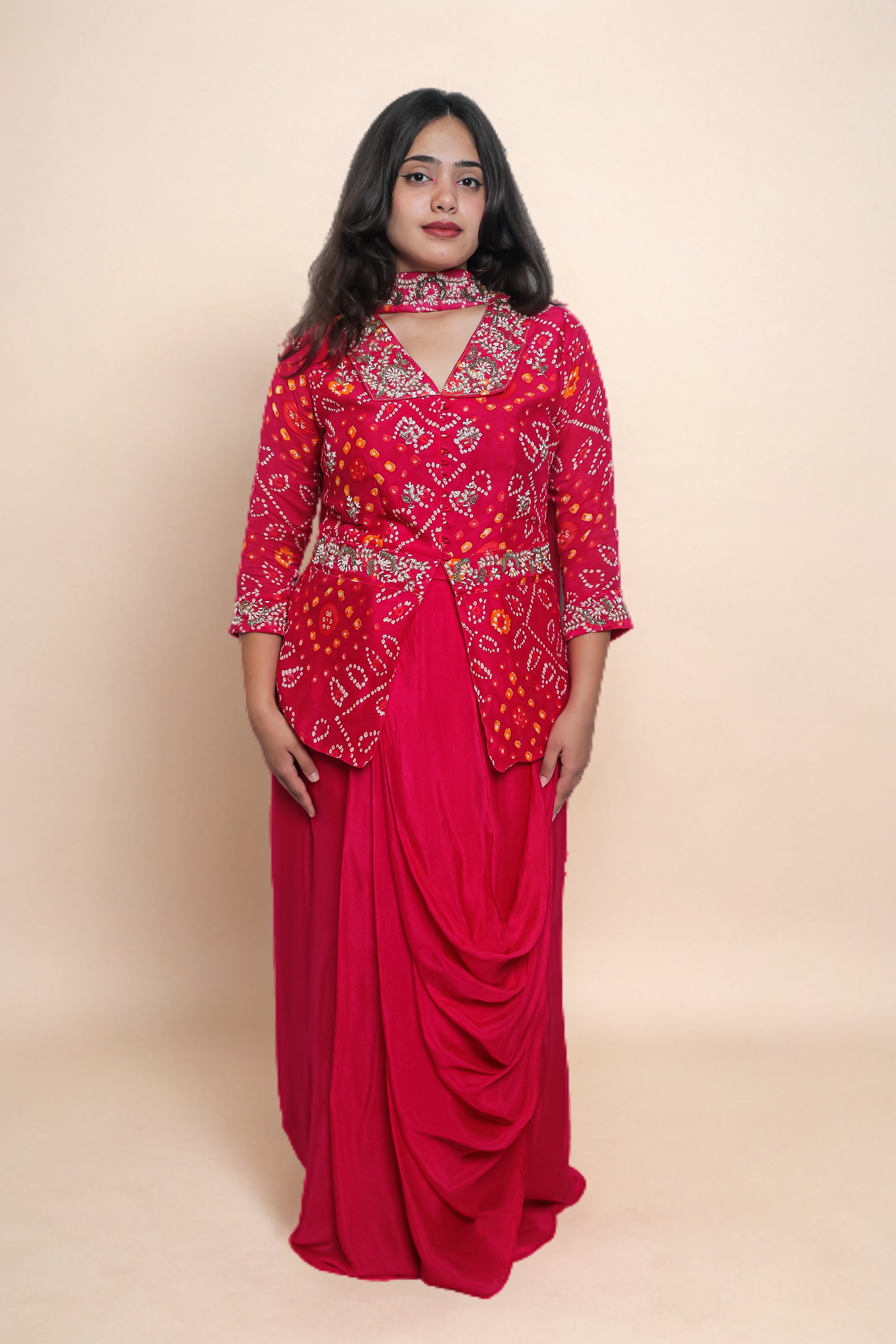 Red Bandhej Top-Drapped Skirt Set