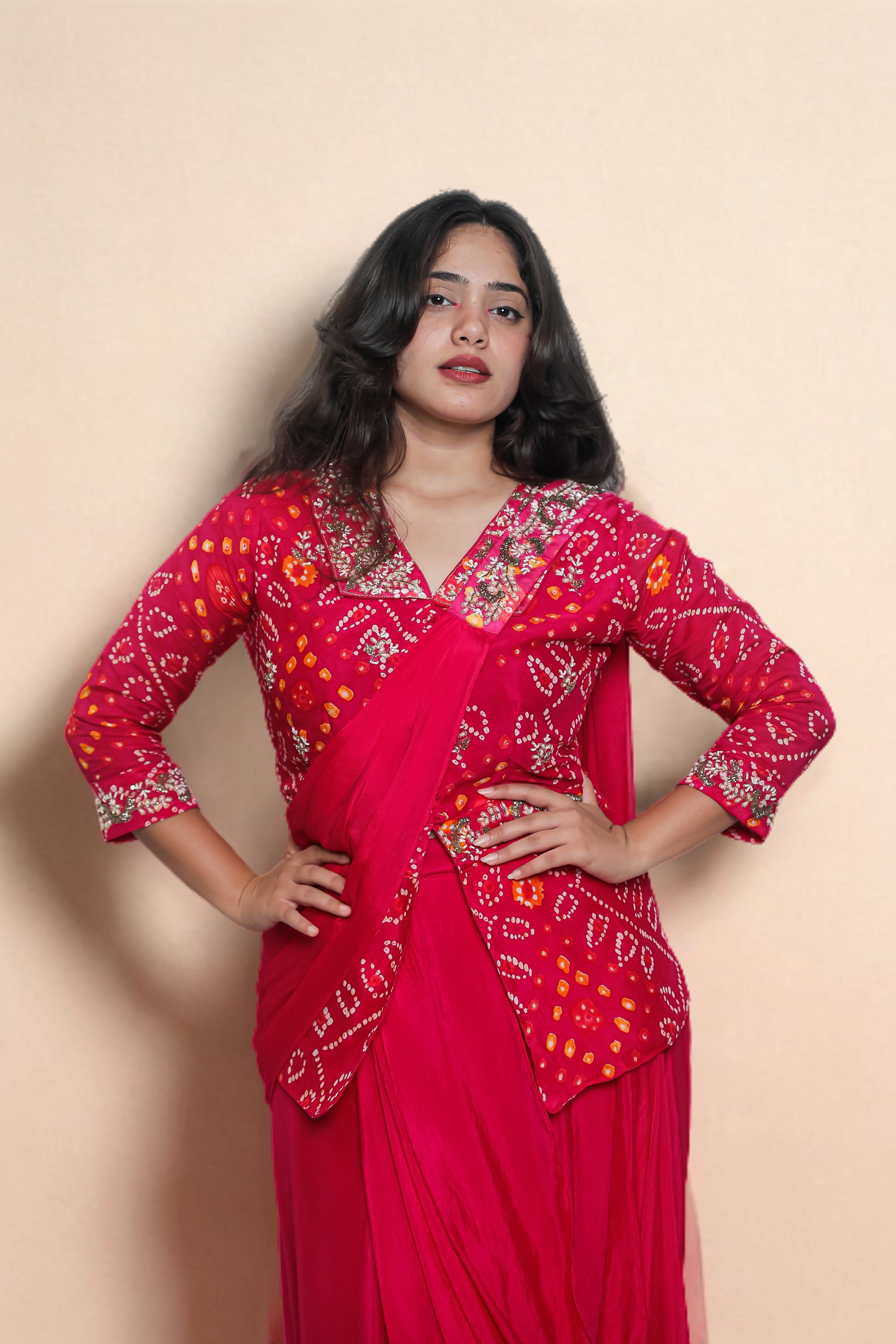 Red Bandhej Top-Drapped Skirt Set