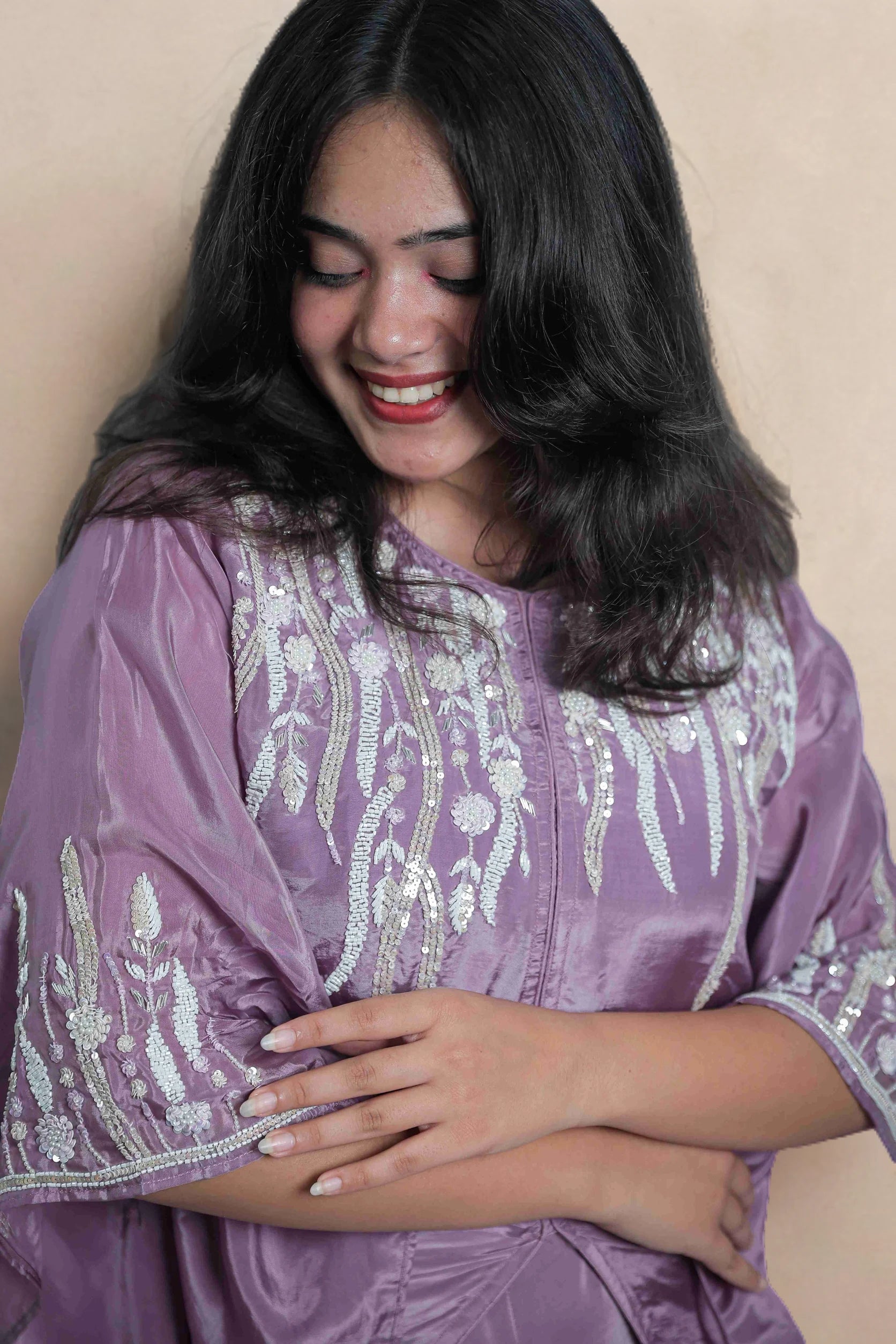 Lilac Hand-Embroidered Kaftan Co-ord Set