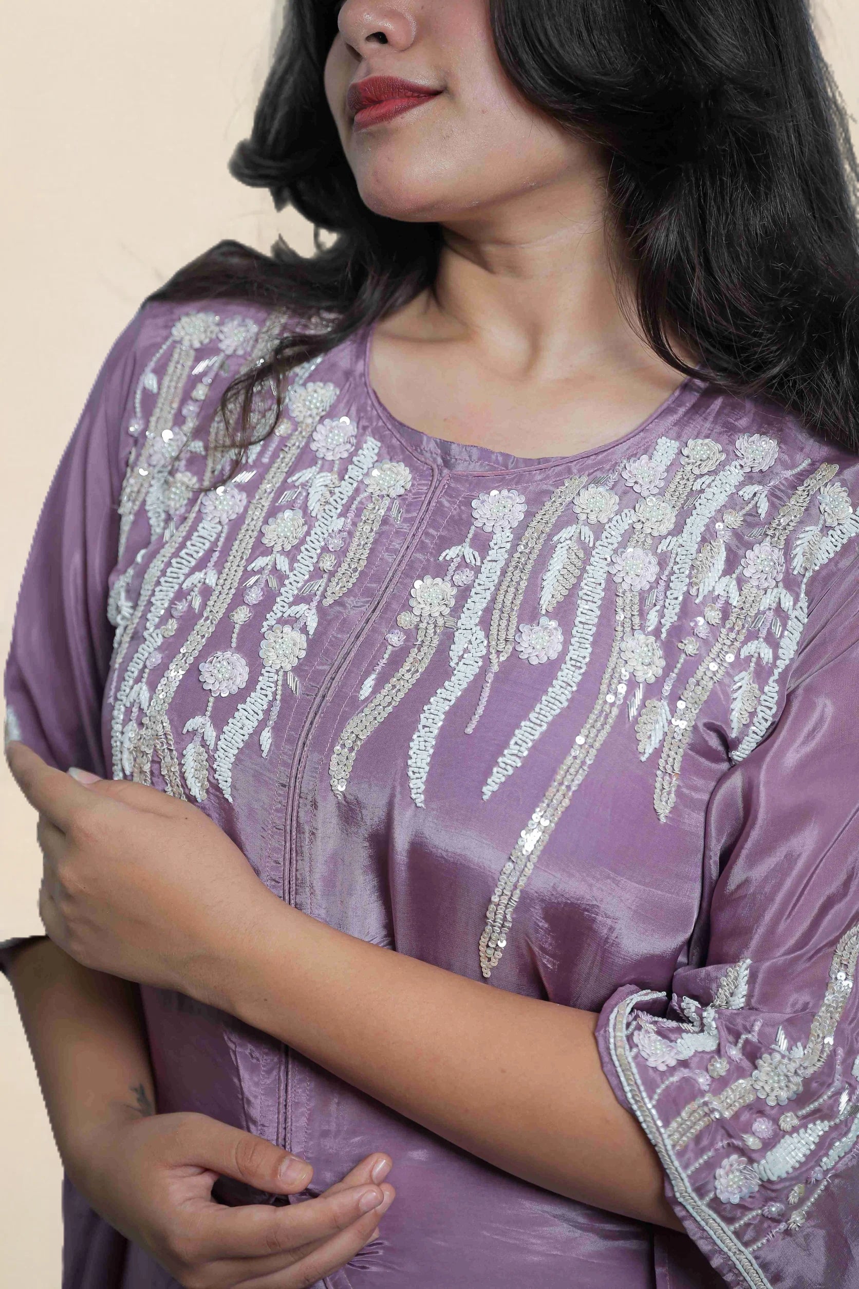 Lilac Hand-Embroidered Kaftan Co-ord Set