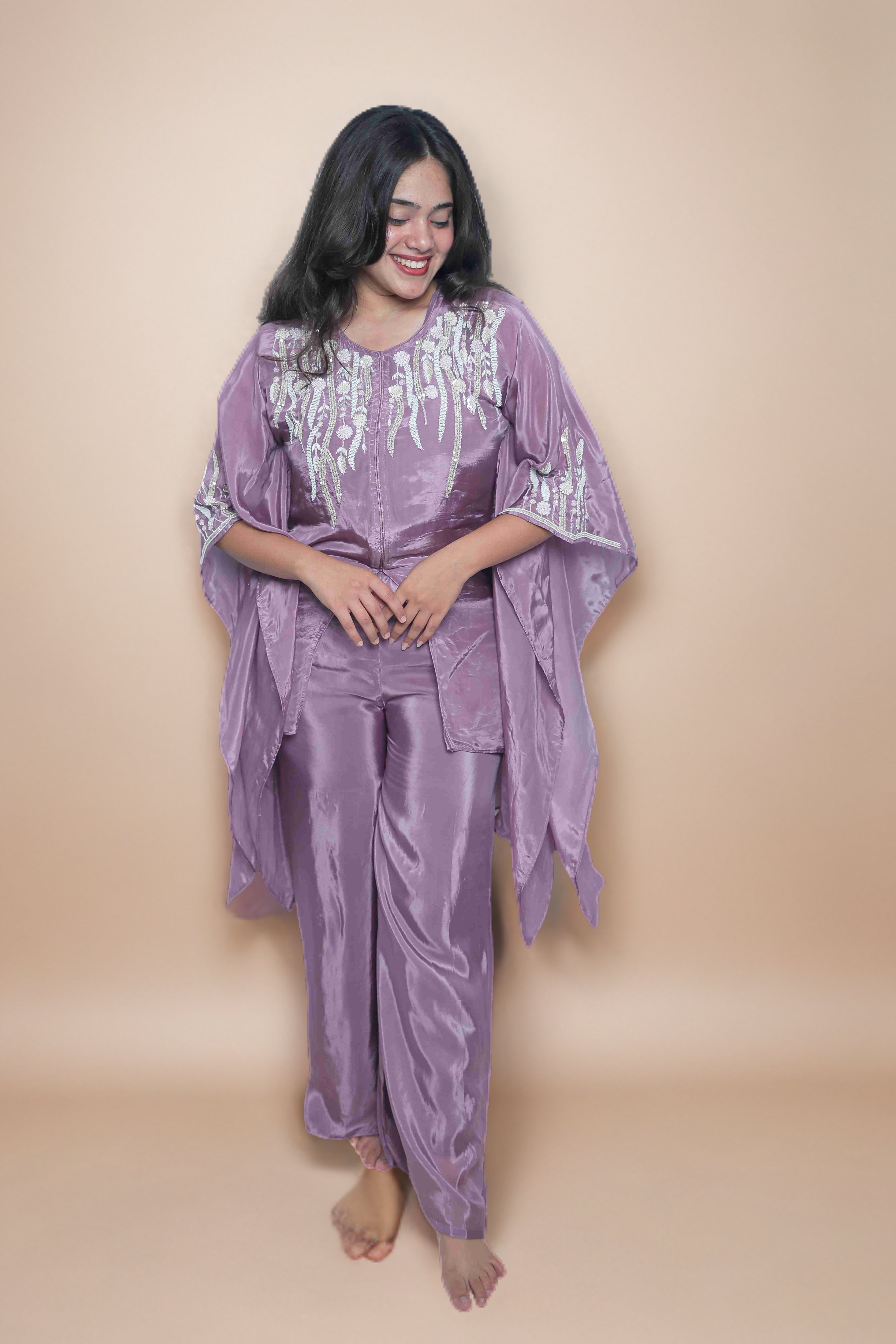Lilac Hand-Embroidered Kaftan Co-ord Set