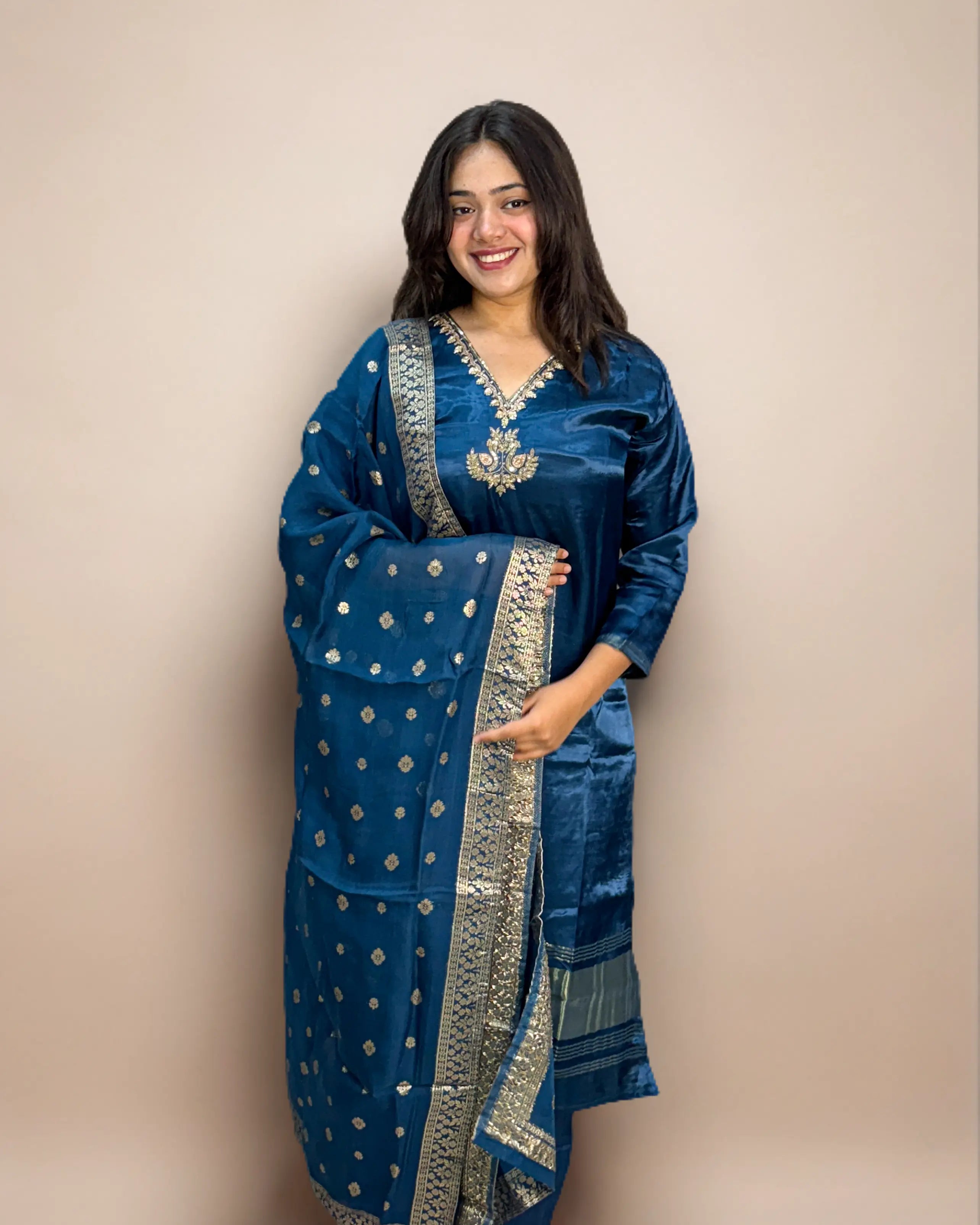 Serenity Blue Muslin-Lakdi patta Salwar Kameez Suit