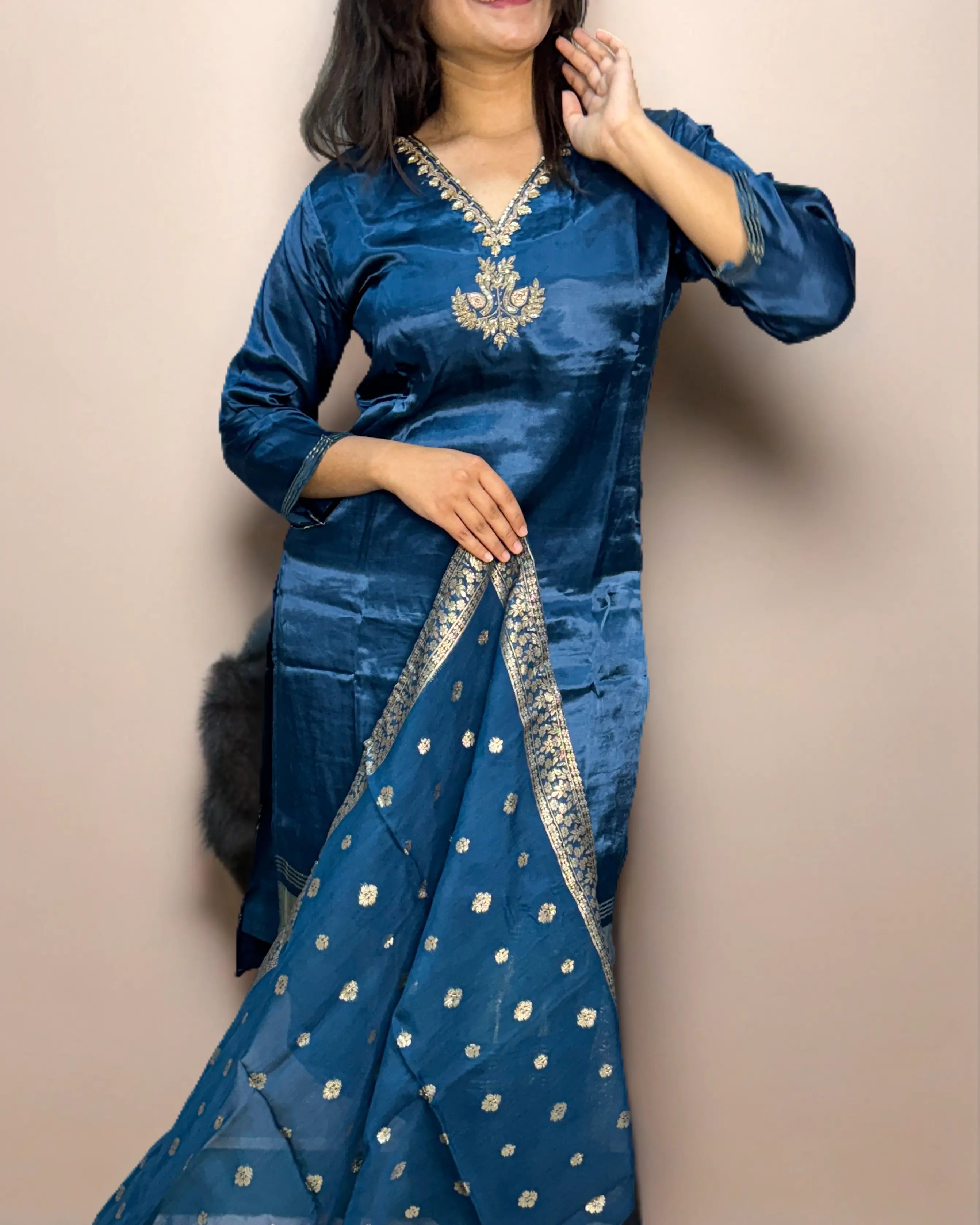 Serenity Blue Muslin-Lakdi patta Salwar Kameez Suit