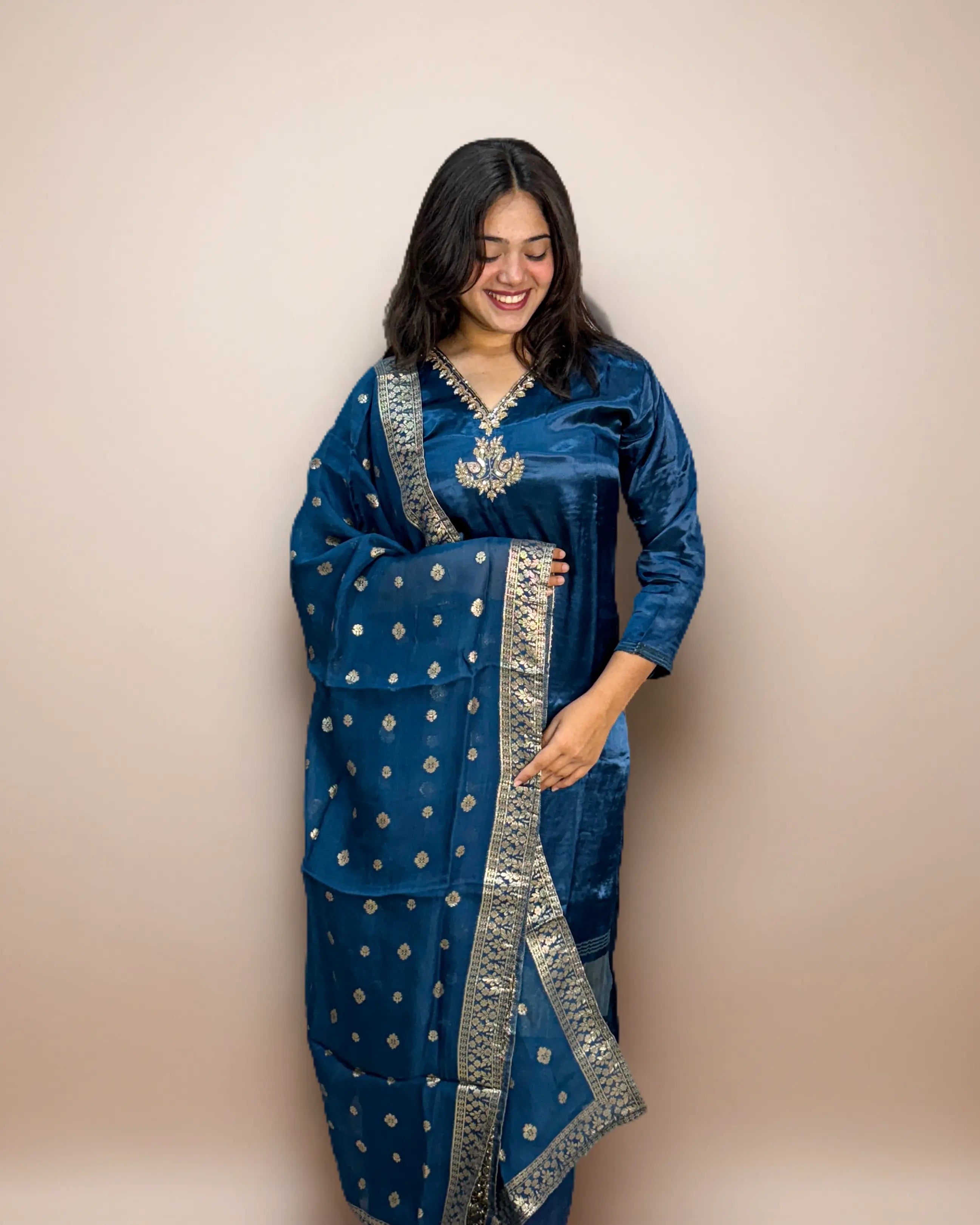 Serenity Blue Muslin-Lakdi patta Salwar Kameez Suit