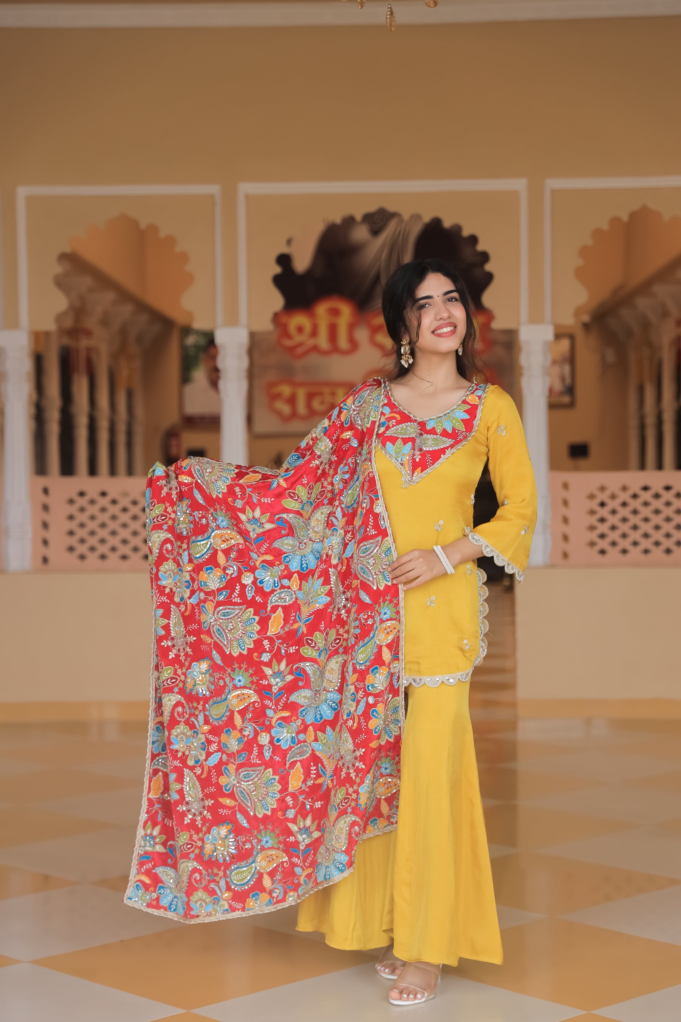 Rangriti – Vibrant Yellow Crepe Dupatta Set