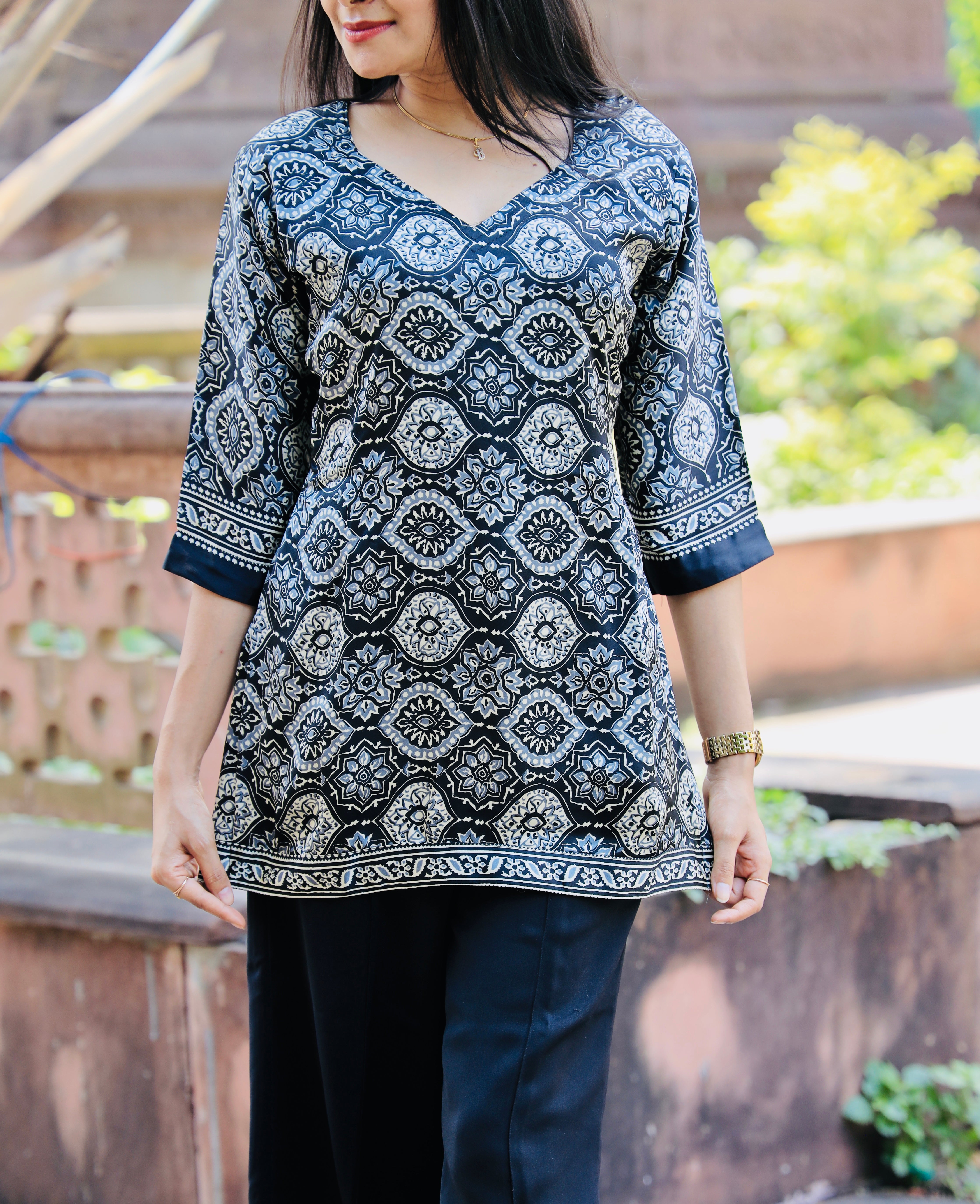Noor Classic Black Ajrakh Print Corset-Style Kurti in Premium Muslin Silk