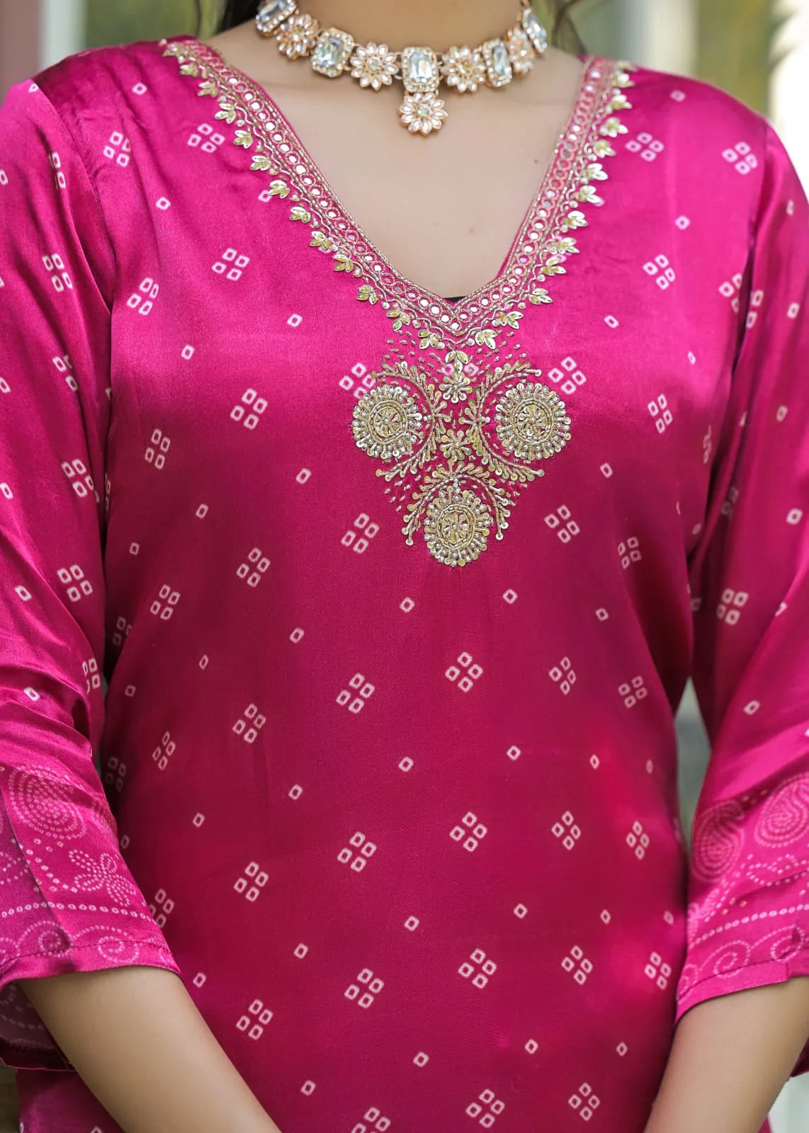Bloom Pink Bandhani print-lakdi patta Muslin Salwar Kameez