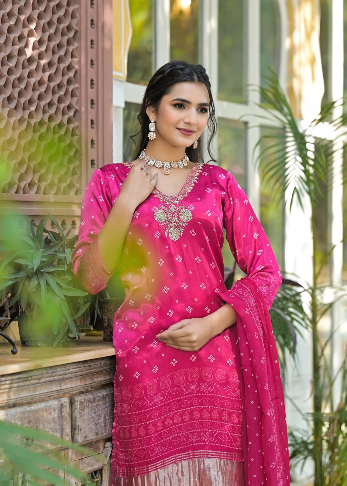 Bloom Pink Bandhani print-lakdi patta Muslin Salwar Kameez
