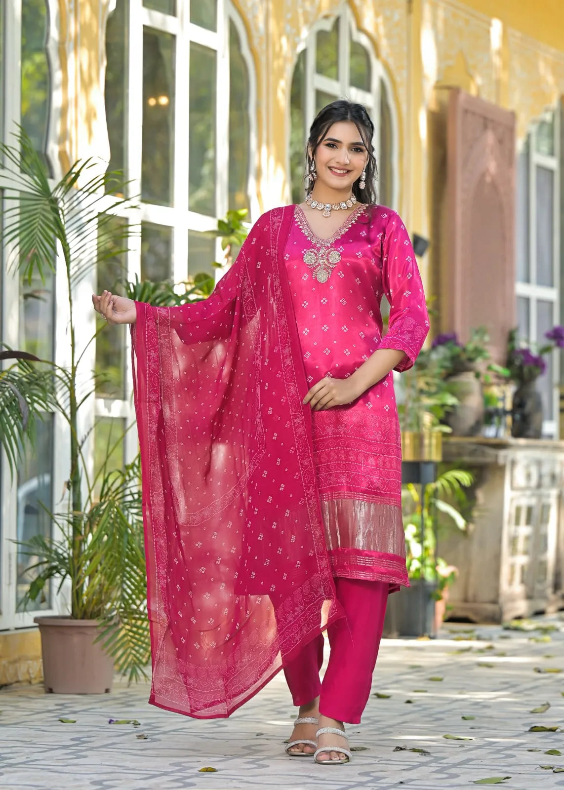 Bloom Pink Bandhani print-lakdi patta Muslin Salwar Kameez