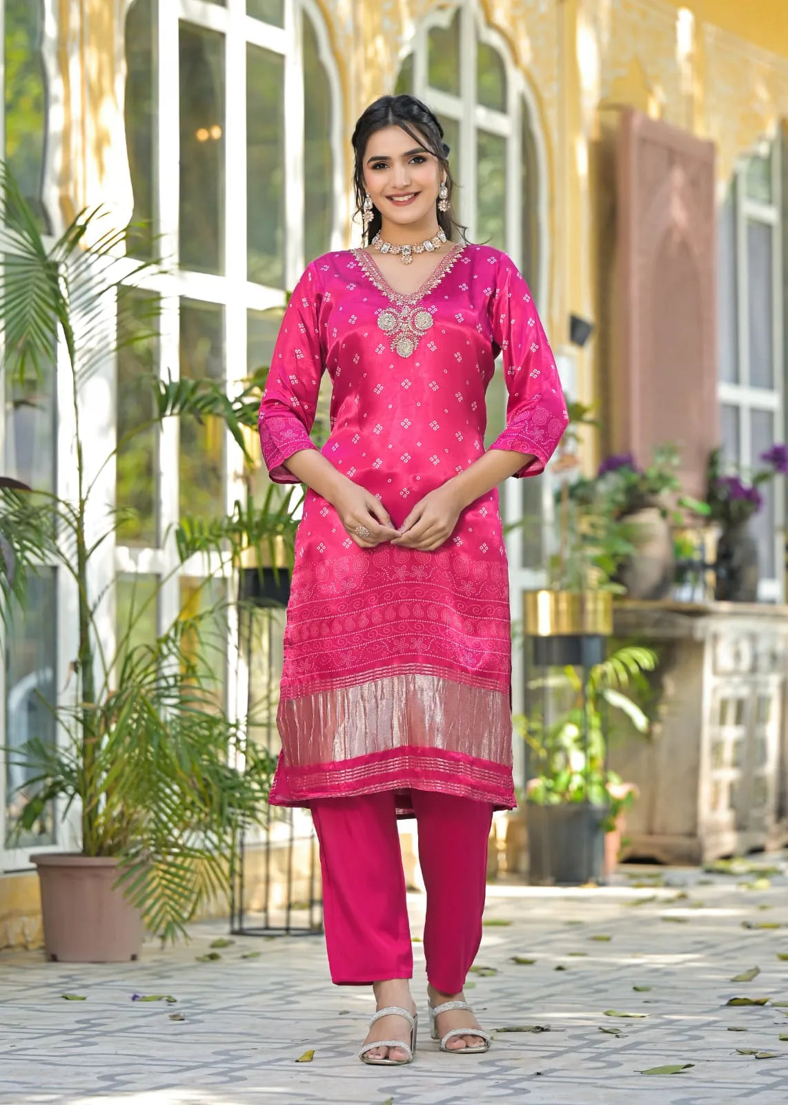 Bloom Pink Bandhani print-lakdi patta Muslin Salwar Kameez