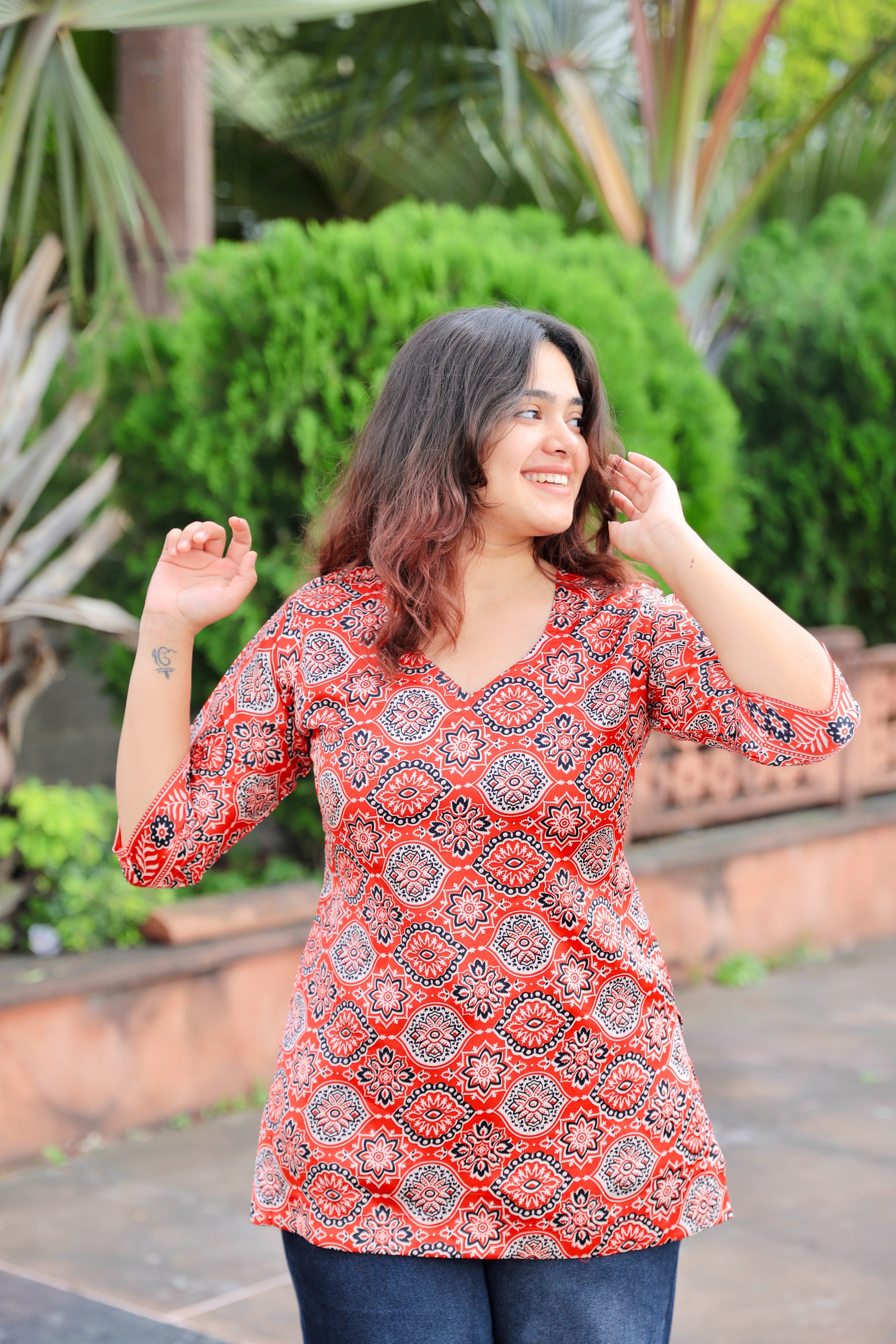 Mira Red Ajrakh Print Corset style-Kurti in Premium Muslin Silk