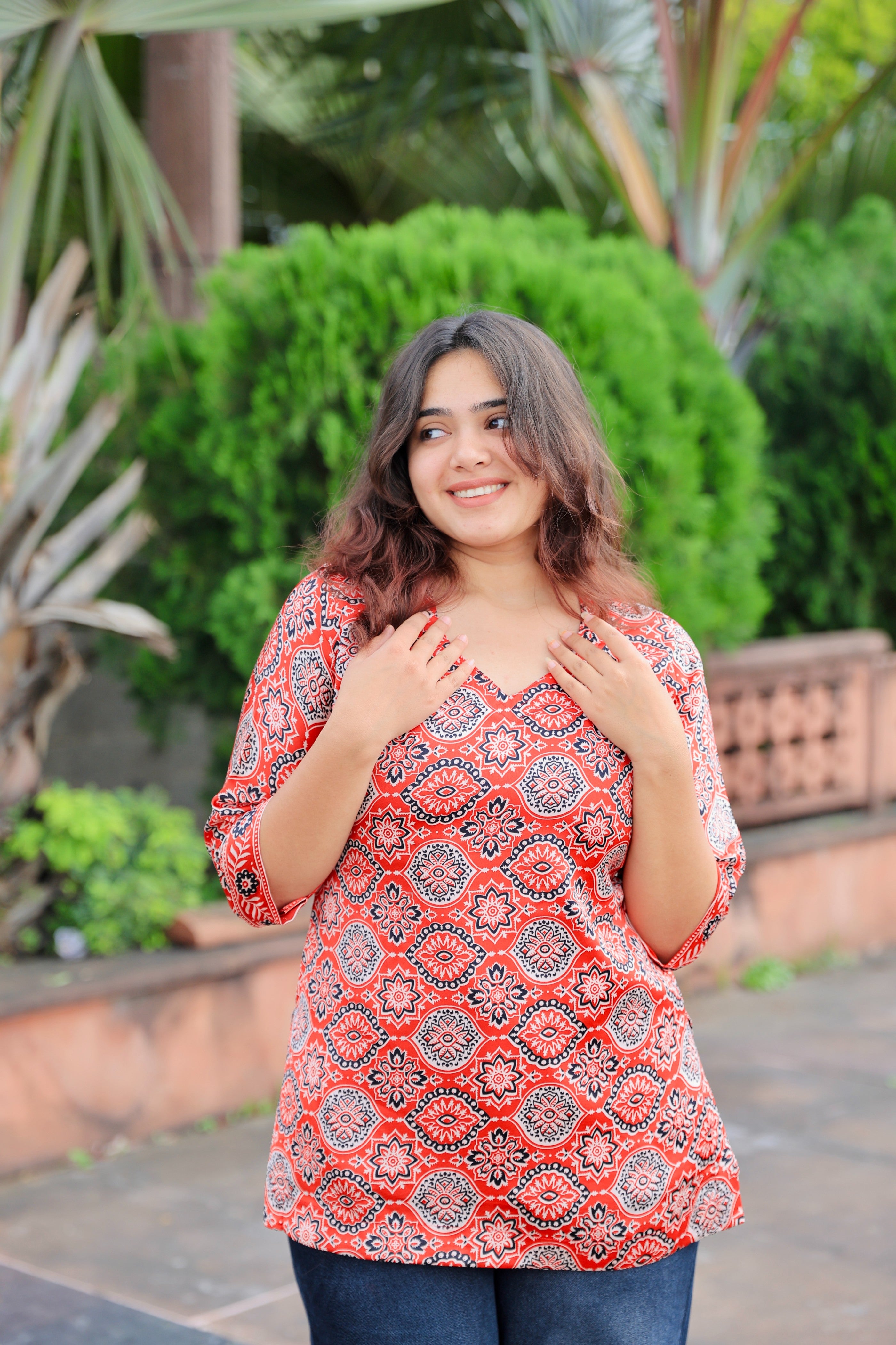 Mira Red Ajrakh Print Corset style-Kurti in Premium Muslin Silk