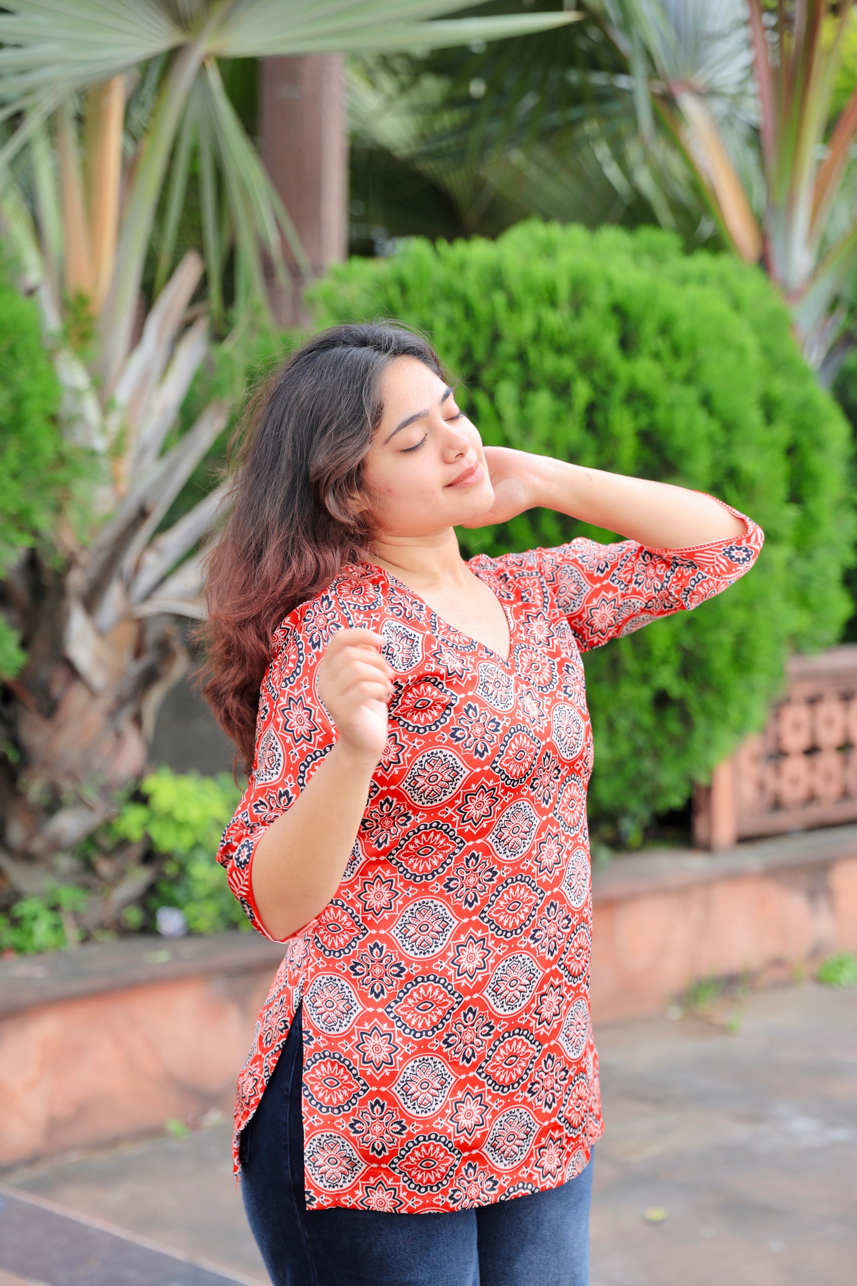 Mira Red Ajrakh Print Corset style-Kurti in Premium Muslin Silk