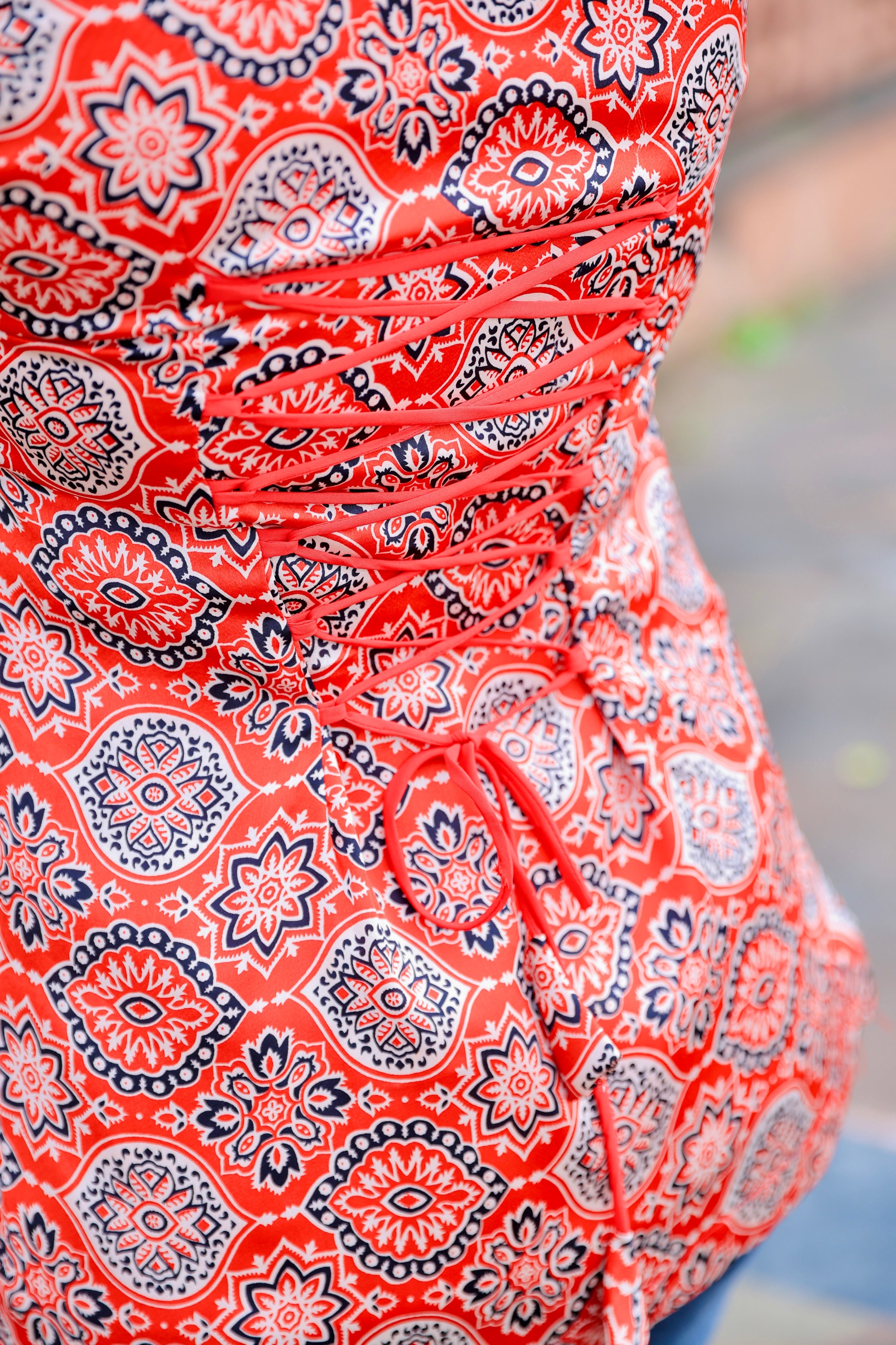 Mira Red Ajrakh Print Corset style-Kurti in Premium Muslin Silk