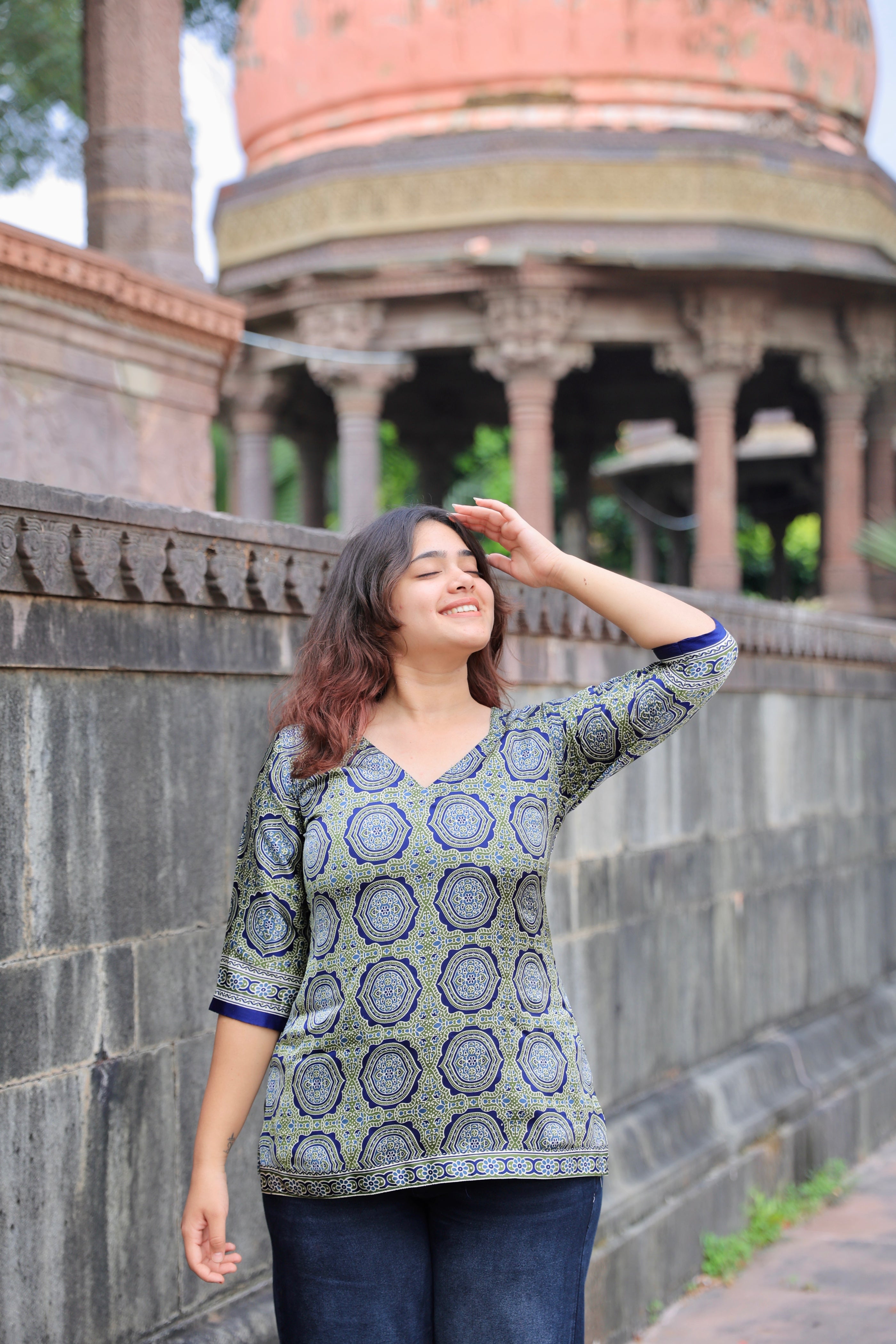 Kashni Green & Blue Ajrakh Print Corset style- Kurti in Premium Muslin Silk