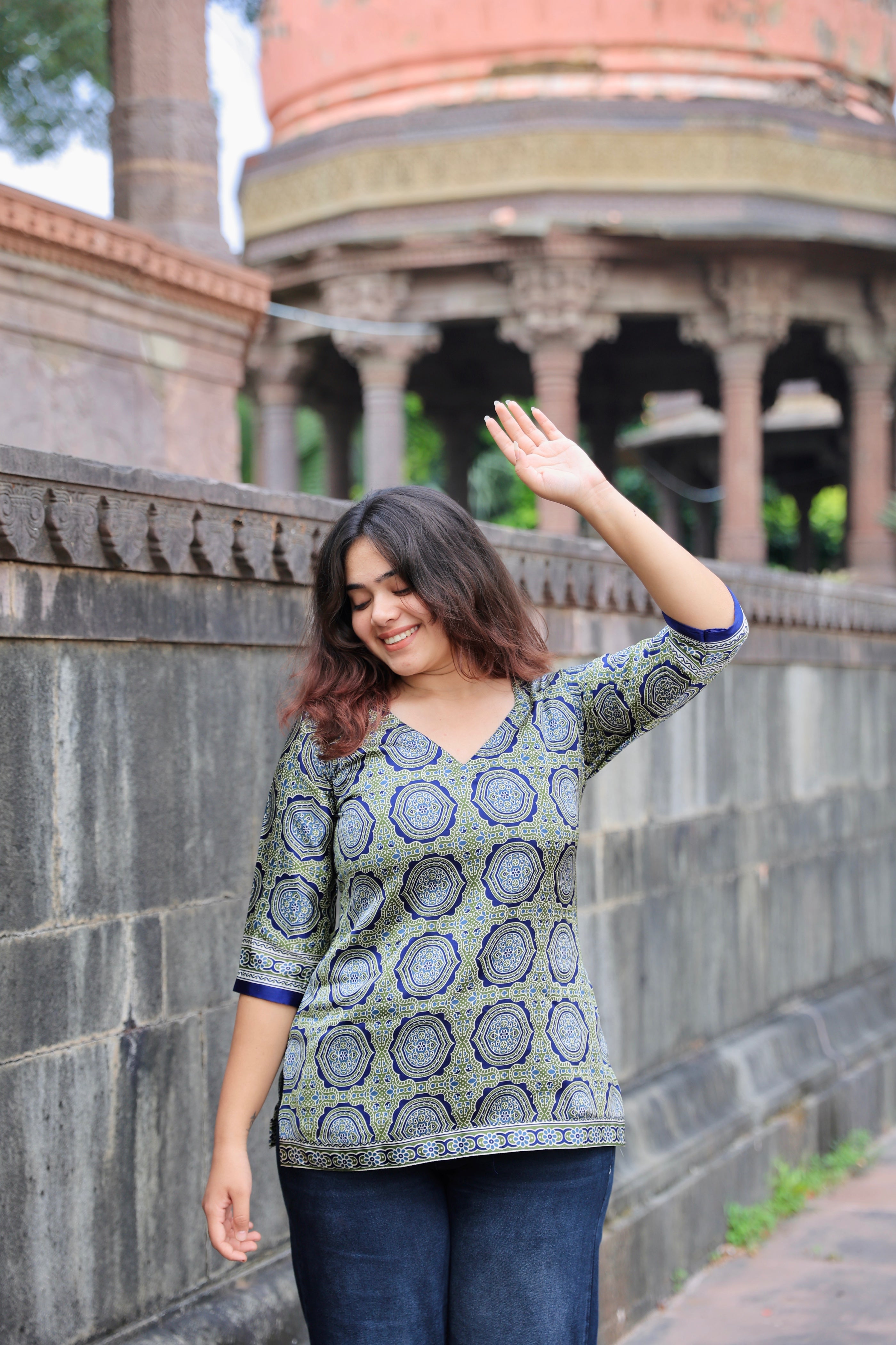 Kashni Green & Blue Ajrakh Print Corset style- Kurti in Premium Muslin Silk