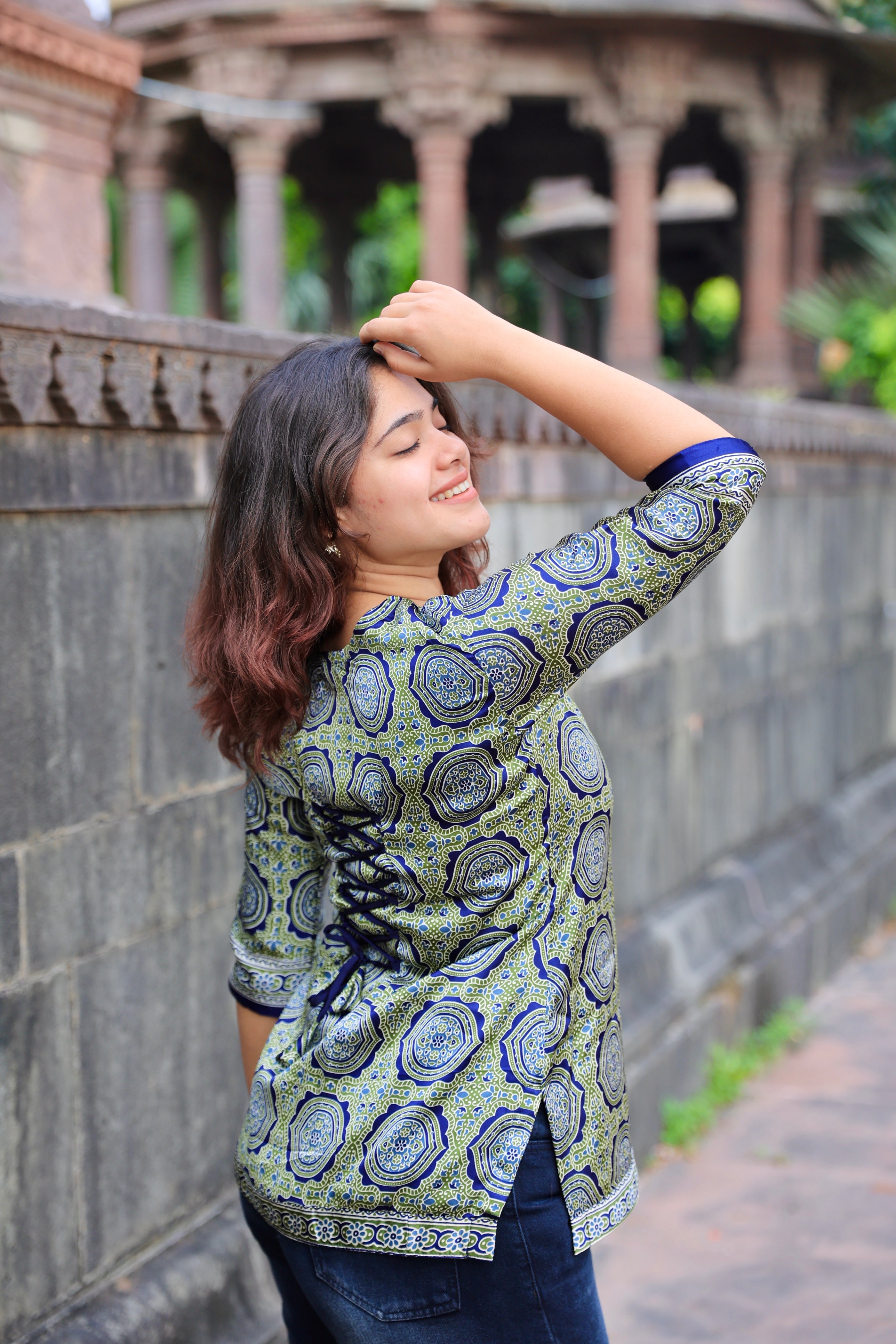 Kashni Green & Blue Ajrakh Print Corset style- Kurti in Premium Muslin Silk