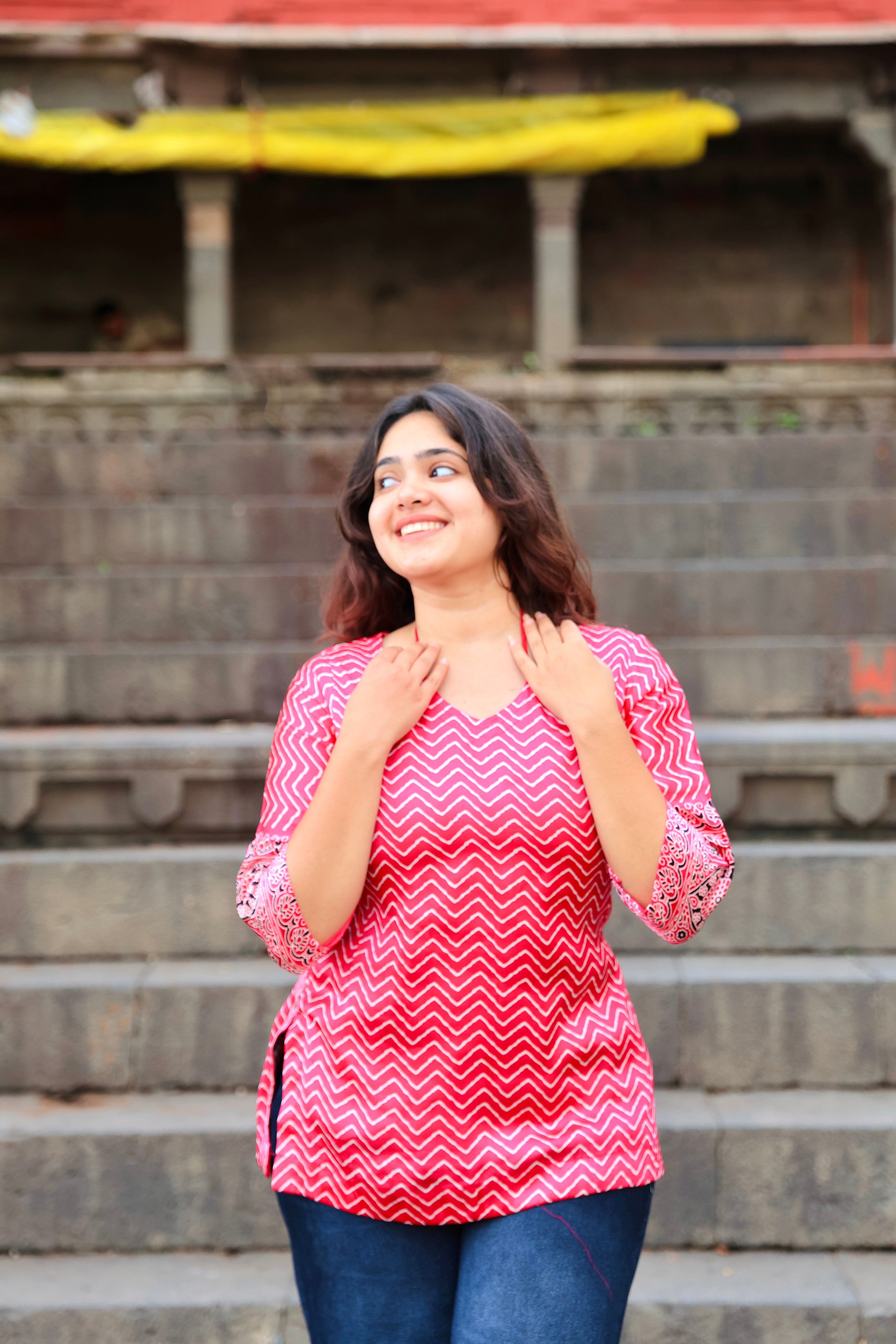 Gull Pink Silk Muslin Lehariya Corset Style-Short Kurti