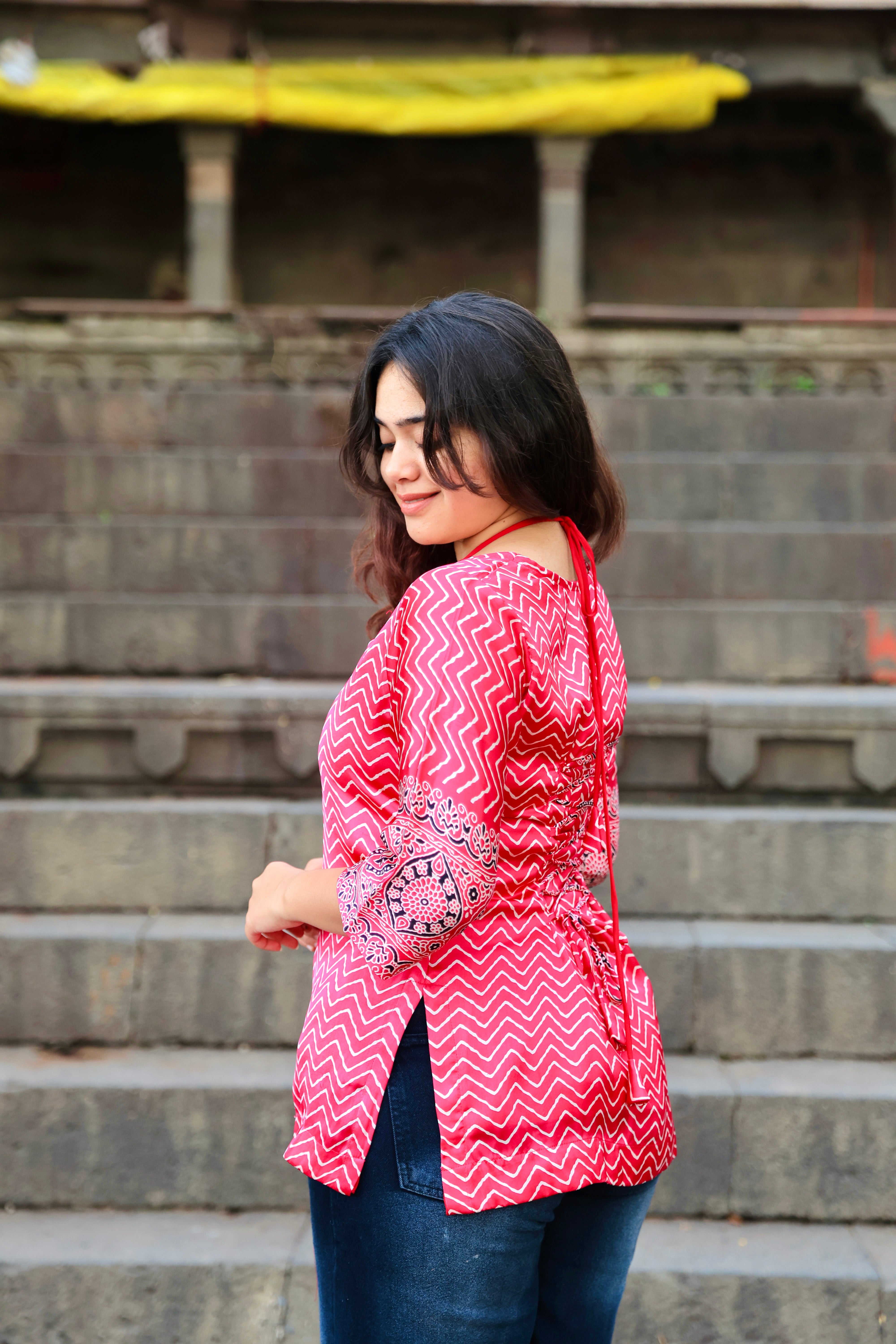 Gull Pink Silk Muslin Lehariya Corset Style-Short Kurti