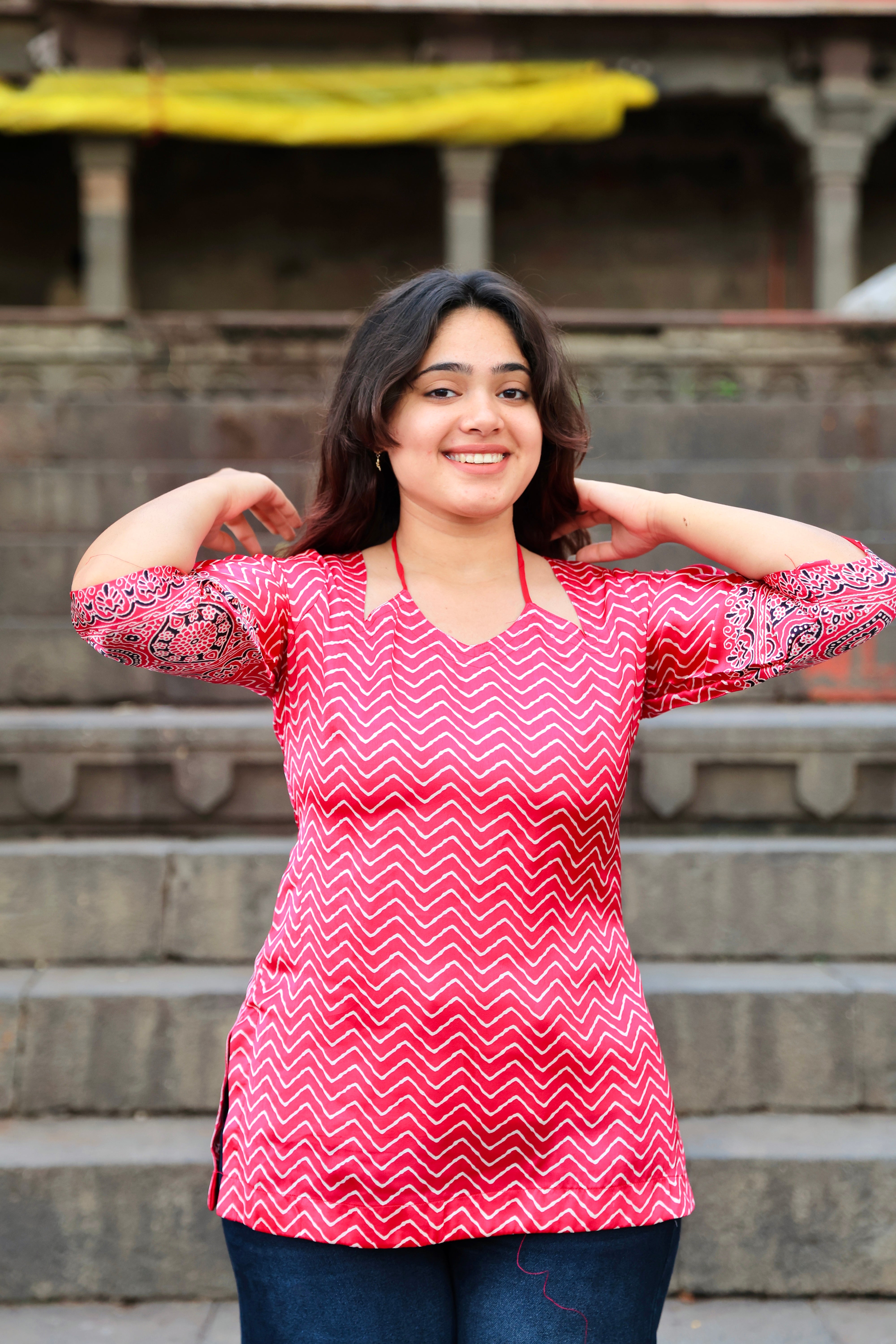 Gull Pink Silk Muslin Lehariya Corset Style-Short Kurti