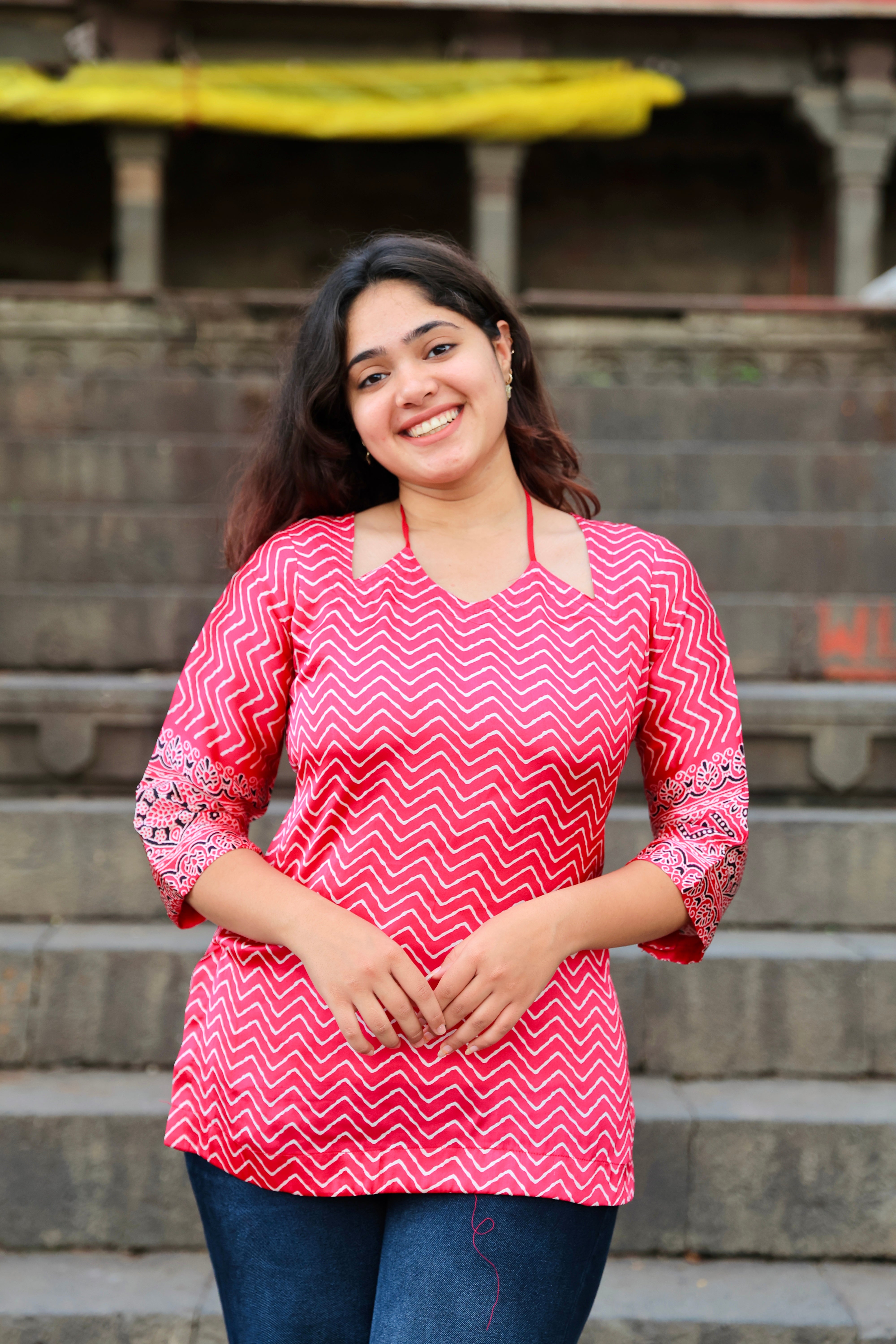 Gull Pink Silk Muslin Lehariya Corset Style-Short Kurti