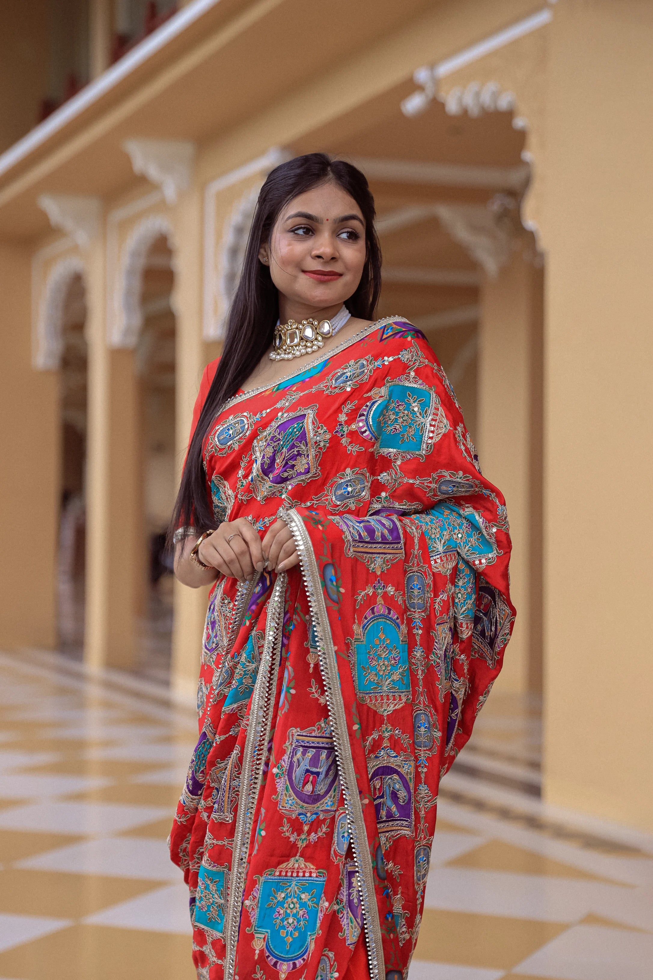 Meher Custom Red Crepe Hand-Embroidered Saree