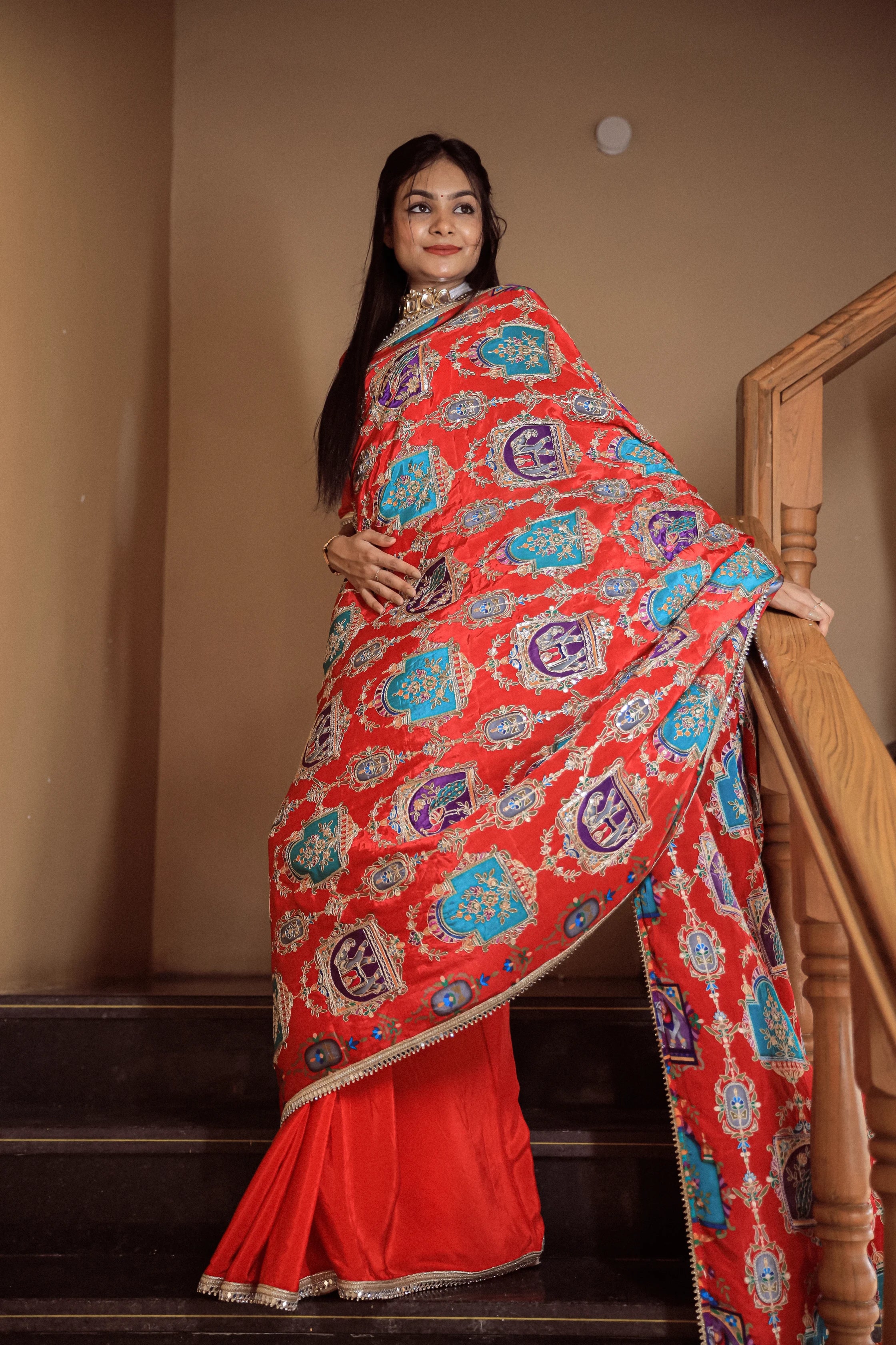 Meher Custom Red Crepe Hand-Embroidered Saree